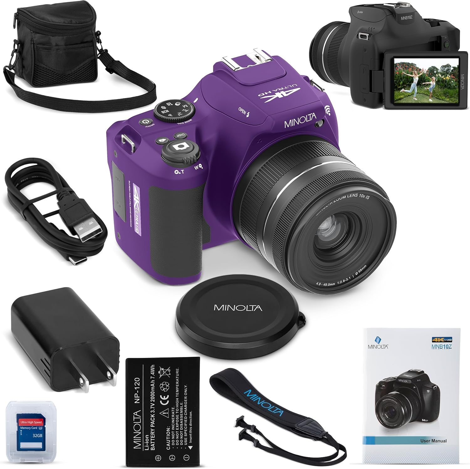 Minolta Proshot 64MP Digital Camera &ndash; 10X Optical Zoom, 4K Ultra HD Video, Macro Shooting, Anti-Shake, 3-Inch LCD Screen, Face Detection &ndash; Includes 32GB SD Card, Battery & Case (Purple) image number 4