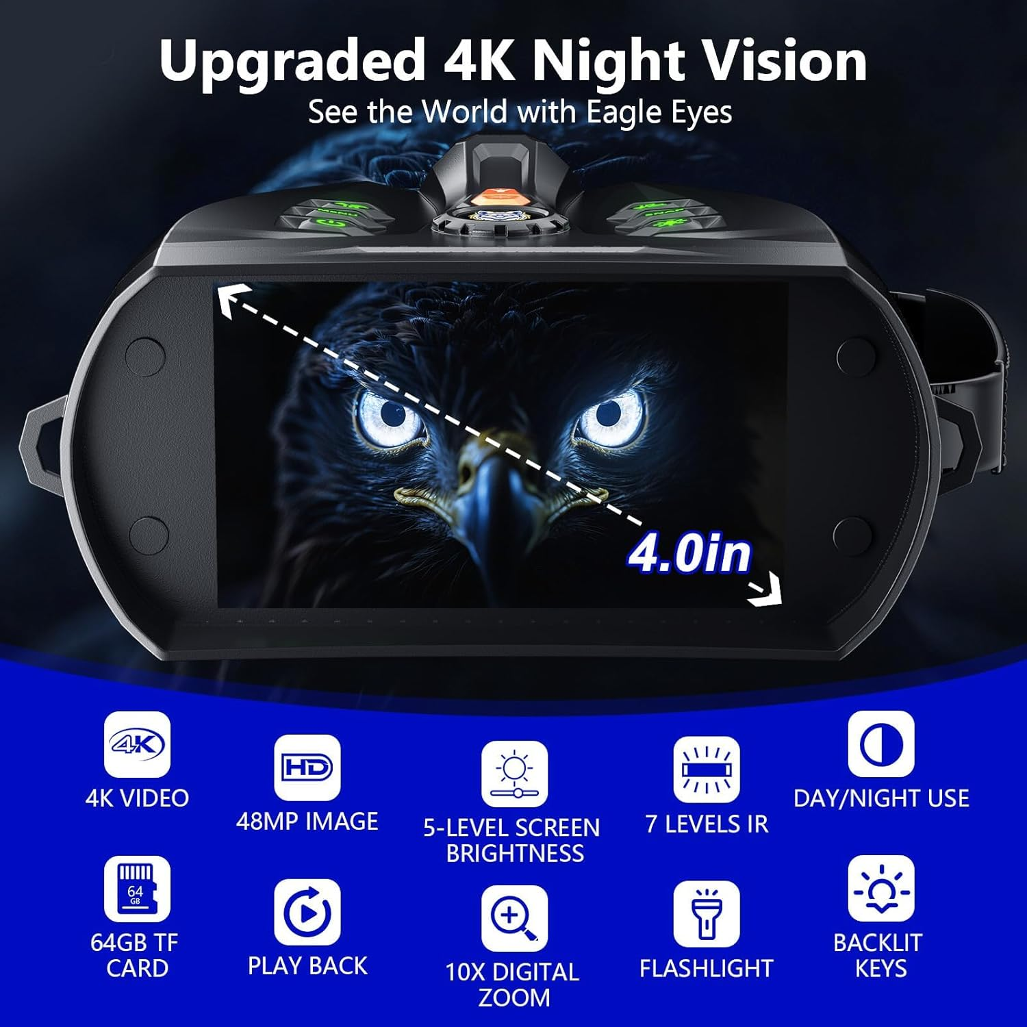4K Night Vision Goggles, 4.0" HD Screen Night Vision Binoculars with 5000Mah Rechargeable Battery, 64GB TF Card for Photo & Video, Infrared Binocular for Adults, Camping, Wildlife Observation image number 5