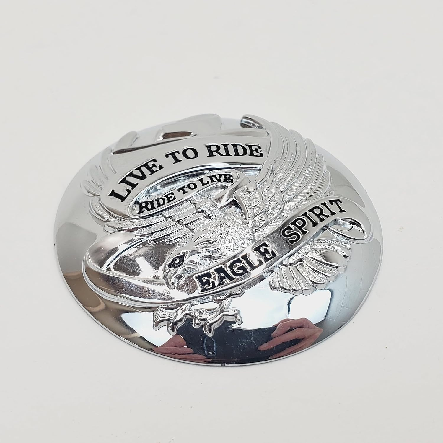 &ldquo;Live to Ride, Ride to Live&rdquo; Eagle Spirit Chrome Domed Gas Cap Covers with Adhesive Backing for 1973-2023 OE Style Harley Gas Caps (SOLD as a PAIR - Left & Right) 2-7/8&rdquo; Diameter