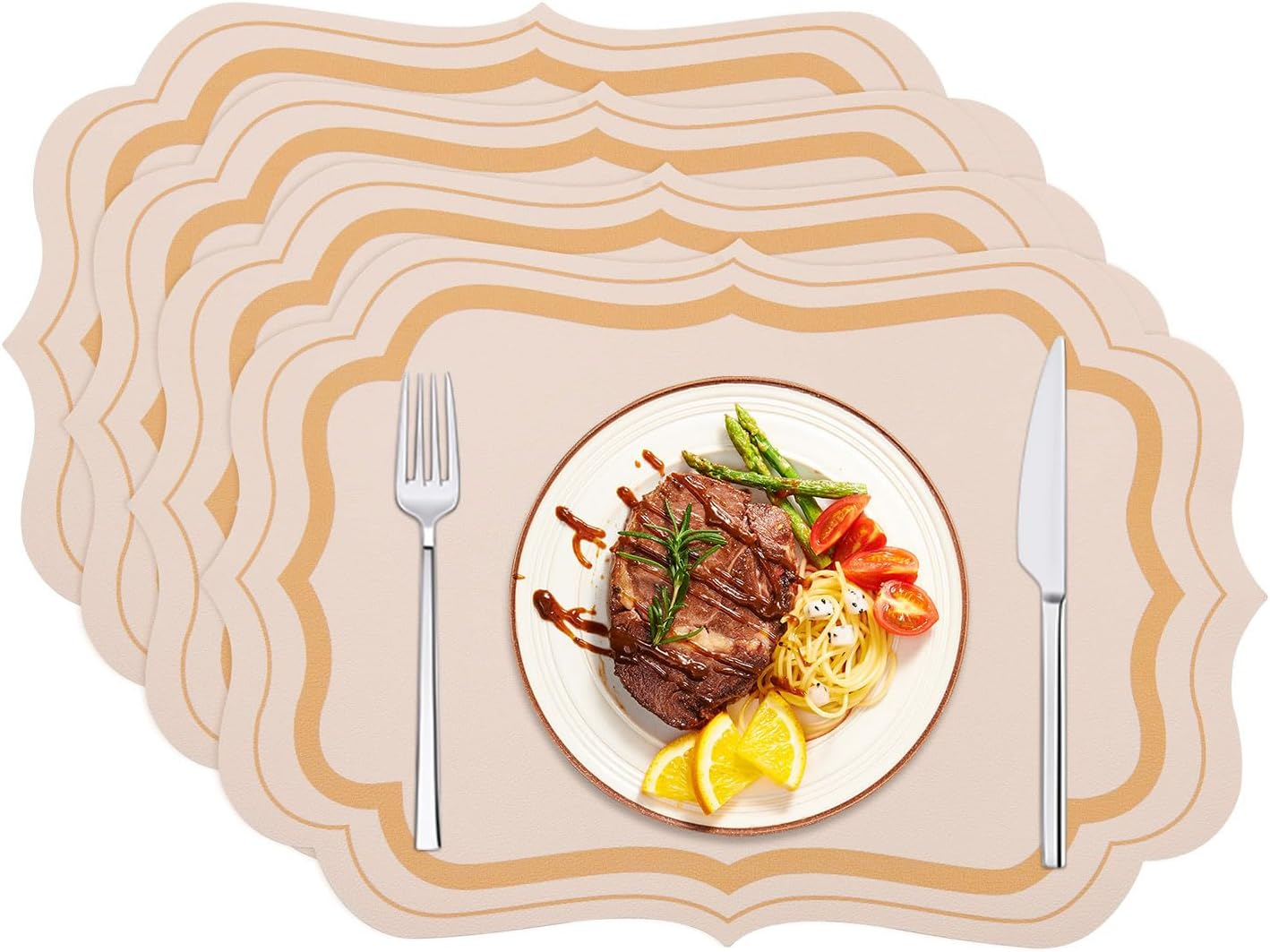 Placemats Set of 4, Faux Leather Table Mats, Heat Resistant Easy to Clean Wipeable Waterproof Washable Outdoor Placemats for Kitchen Dining Table Decorations, 17&rsquo;&rsquo;&times;12&rsquo;&rsquo;, Beige