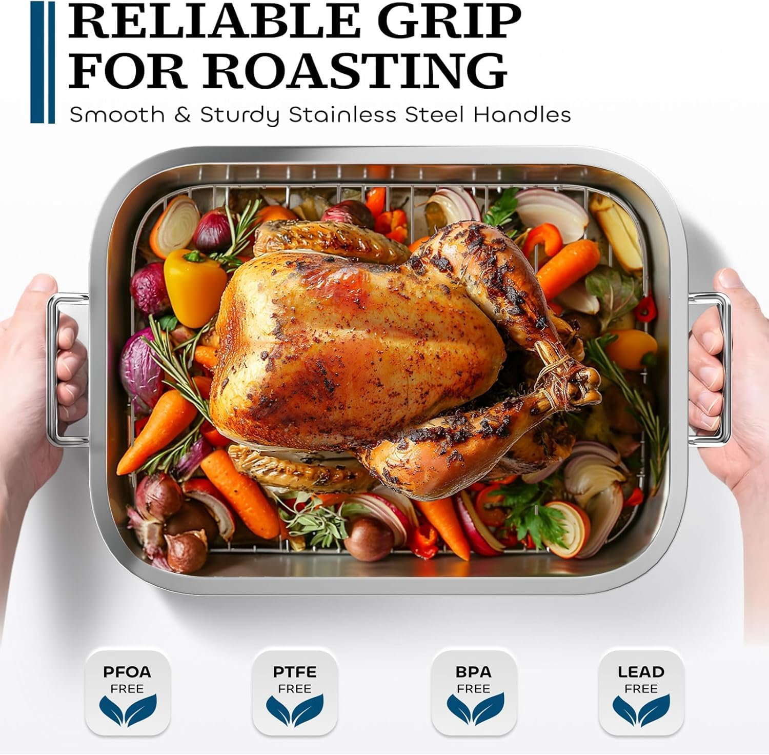 Stainless Steel Roasting Pan, Roaster Pan with Baking Rack, Stainless Steel Cookware, Lasagna Pan with Handles for Kitchen,Large Grill Pan, Deep Baking Pans,Oven and Dishwasher Safe Non-Stick image number 3