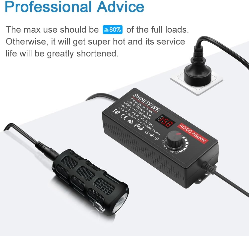 SHNITPWR 108W Universal Power Supply Adjustable DC 3.5V~36V 3A AC/DC Adapter 12V 24V 36V 5V 6V 9V 14V AC Adapter Multi-Voltage 100V~240V AC to DC Variable Power Converter DC Power Adapter with 14 Tips image number 2