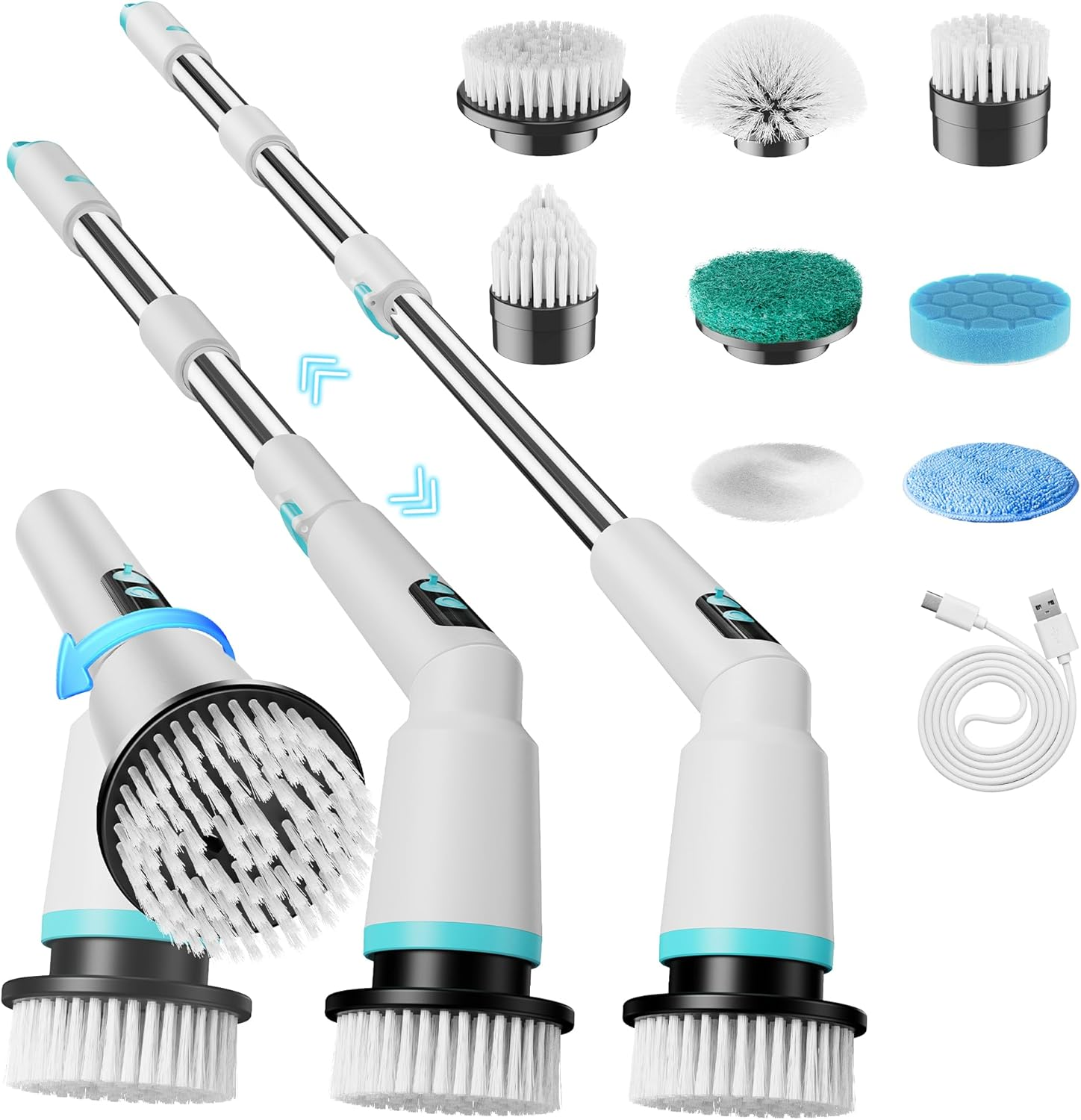 Kliburash Electric Spin Scrubber with Remote Control, IPX7 Cordless Cleaning Brush with 8 Brush Heads, 2 Adjustable Angles, Long Handle Power Scrubber for Bathroom, Shower,Bathtub,Floor-White image number 1