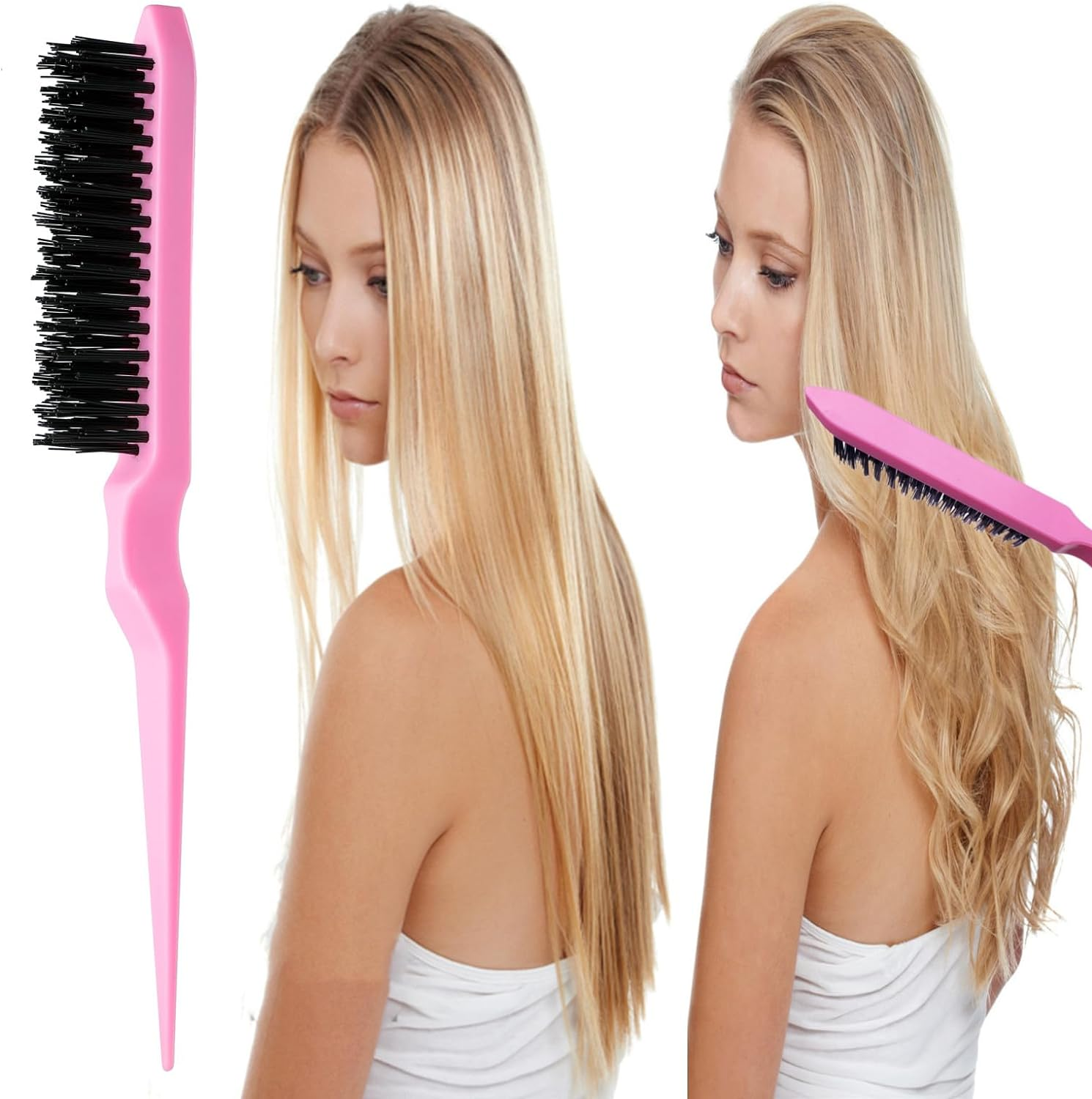 ZVOREI 8Pcs Hair Brushes Set with 4Pcs Topsy Hair Tail Tools 1Pcs Bristle Teasing Hair Brush 1Pcs Edge Control Brush 2Pcs Metal Pin Rat Tail Combs for Woman Girl Styling,Edge&Back Brushing Pink - Black image number 6