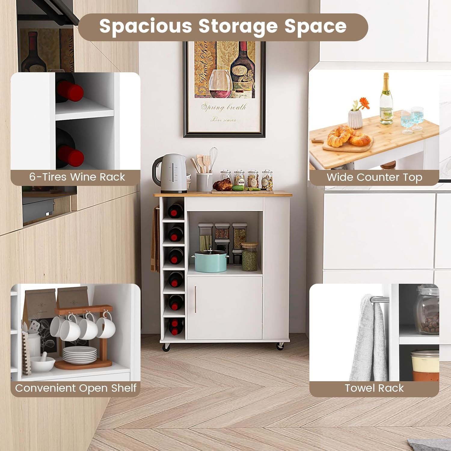 Giantex Kitchen Island with Storage, Rolling Kitchen Cart with Towel Rack, Storage Cart on Wheels W/Bamboo Top, 6-Bottle Wine Rack, Spice Rack for Dining Room, White image number 6