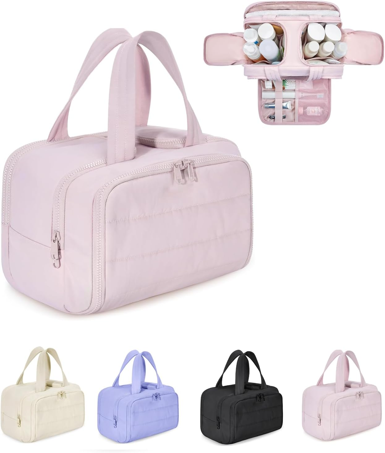 Travel Toiletry Bag, Large Makeup Bag with 4 Compartments, Lightweight Cosmetic Bag, Waterproof Toiletries Organiser for Women & Girls Travel Essentials (Pink)