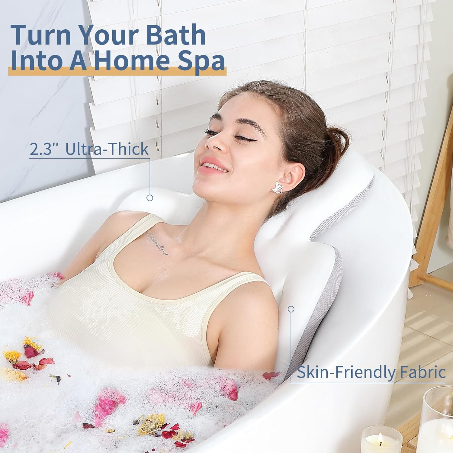 Bathtub Pillow Full Body, Luxury Bath Cushion for Tub with 160 Suction Cups, Bath Mat for Head and Neck Support with Laundry Bag White (51.2" X 16.2")