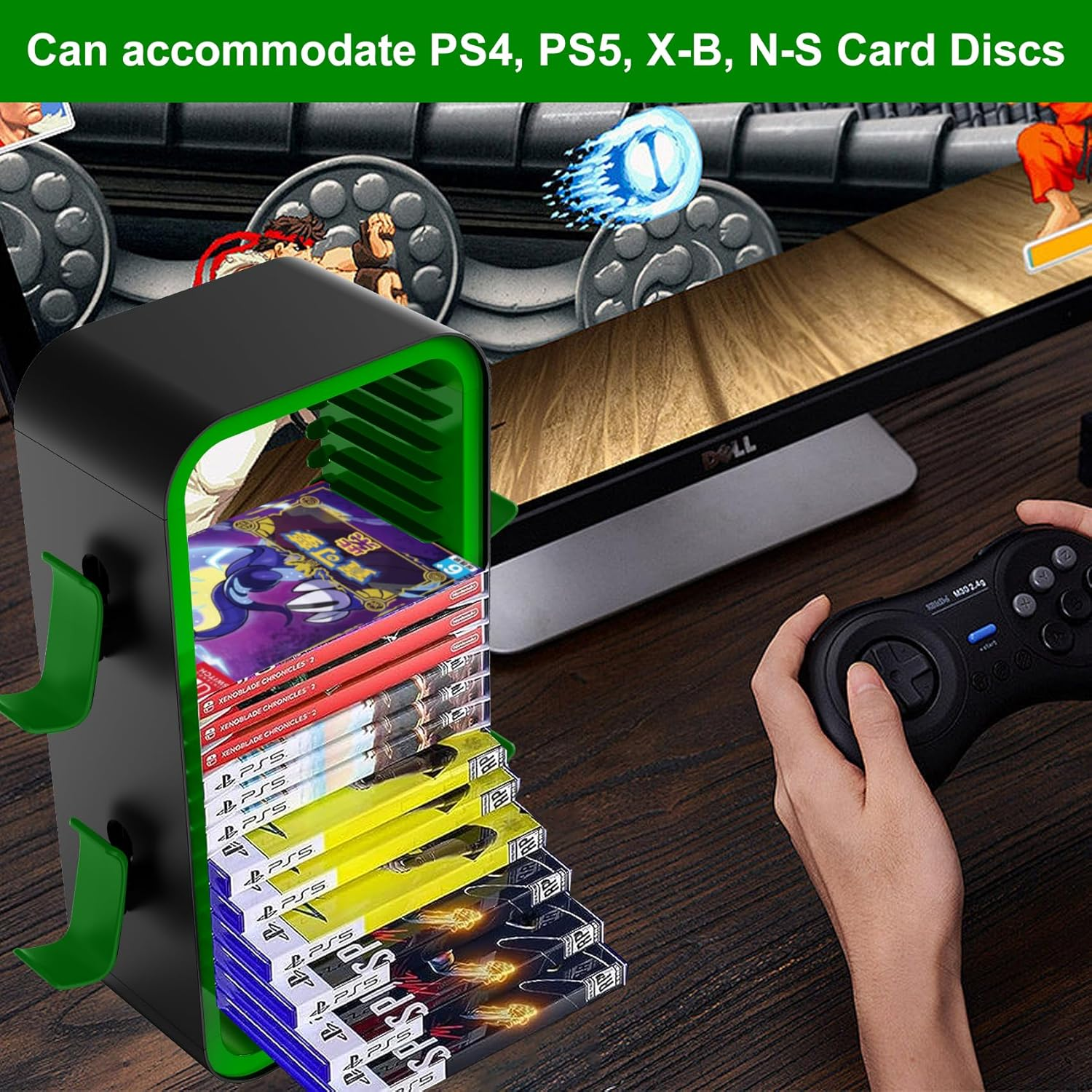 Oyo-1【40Cm】Game Storage Tower Compatible with PS5/ Xbox Series S & X/Switch, Universal Video Games Discs Organizers 18 PCS with 4 Controllers Holder, Game Disk Box Stand. (Black/Green) image number 3