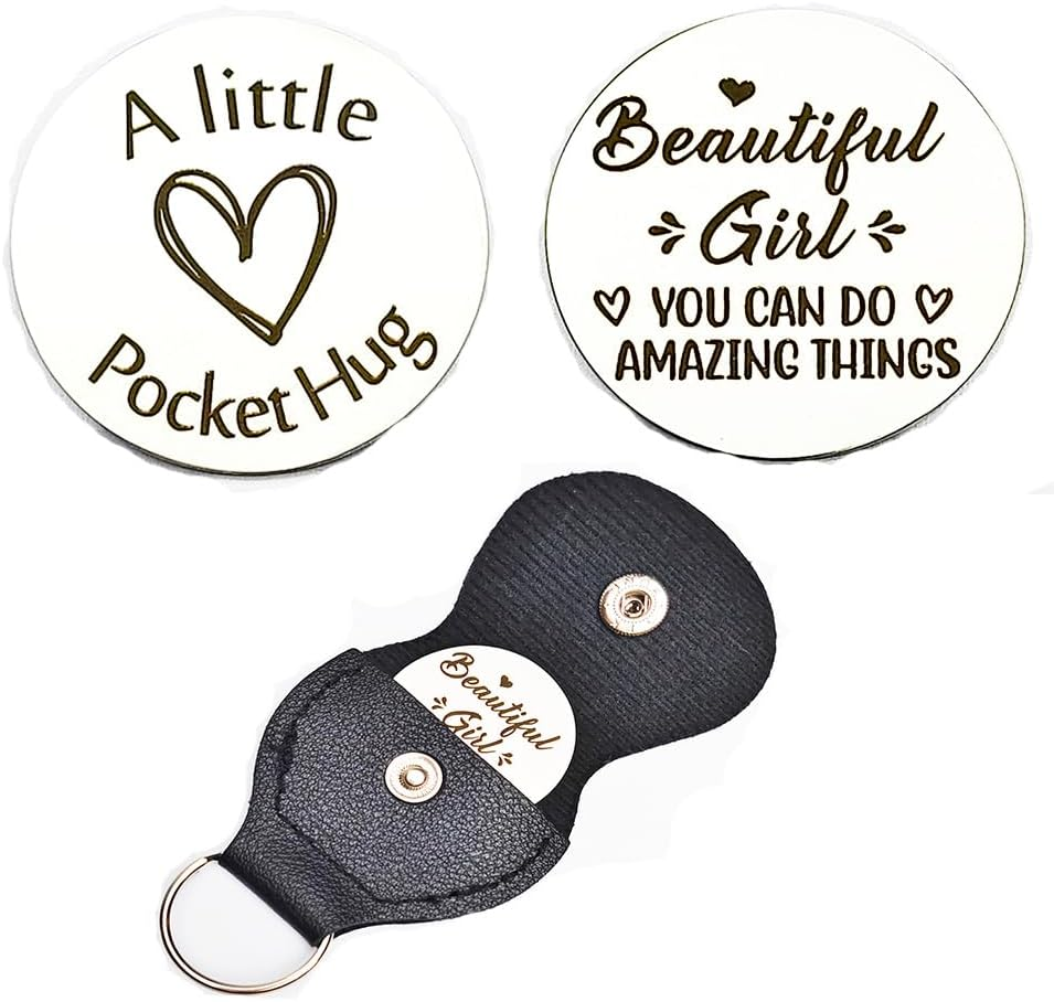 Pocket Hug Token Keychain Long Distance Relationship Hug Tokens Keepsake Stainless Steel Double Sided Pocket Hugs Token Christmas Birthday Gifts with PU Leather Keychain