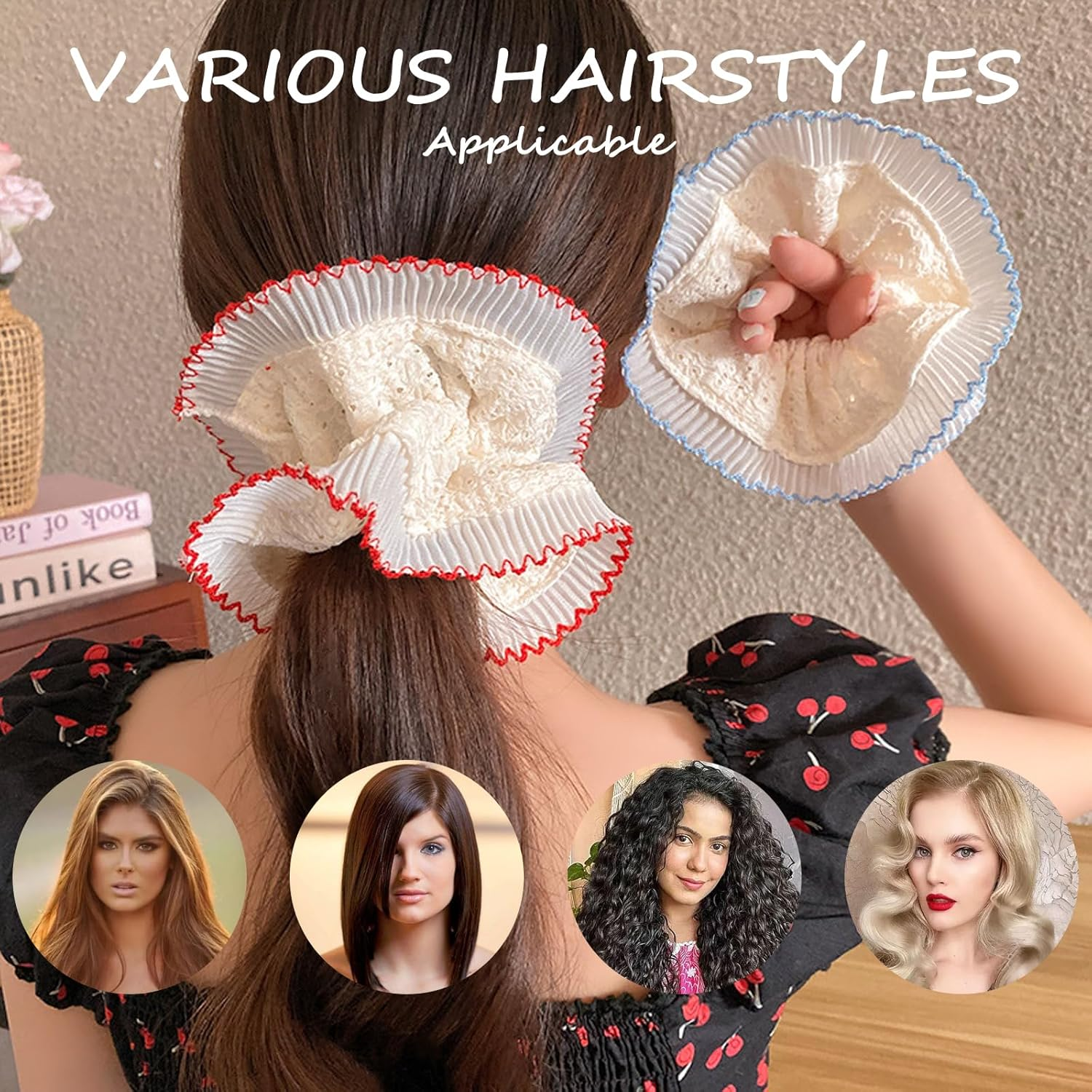 HTTDSLF Pack of 5 Elastic Hair Ties, Scrunchies for Women, Large Elastic Hair Bands, Lace, Suitable for Women and Girls, Silk Scrunchies Gift image number 4