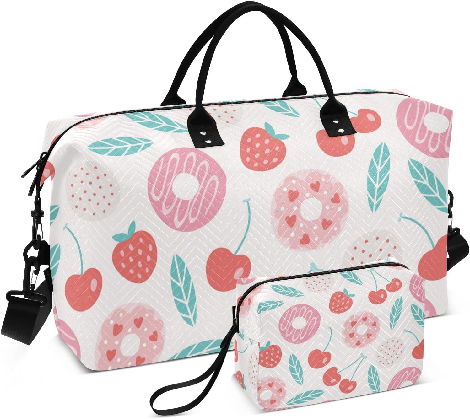 Large Bag Travel Weekender Gear Bag Food Donut Cherry Red Sports Duffel Bags with Adjustable Strap for Travel 2, Food Donut Cherry Red, Set of 2, Art Deco