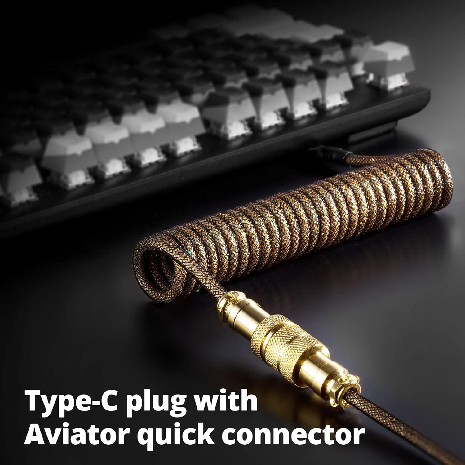 GUNMJO Starlight Coiled USB C Cable for Gaming Keyboard, Double-Sleeved Mechanical Keyboard Cable with Detachable Metal Aviator, 1.5M USB-C to USB-A, Black Color with Gold Aviator Connector - Gold, Black image number 2
