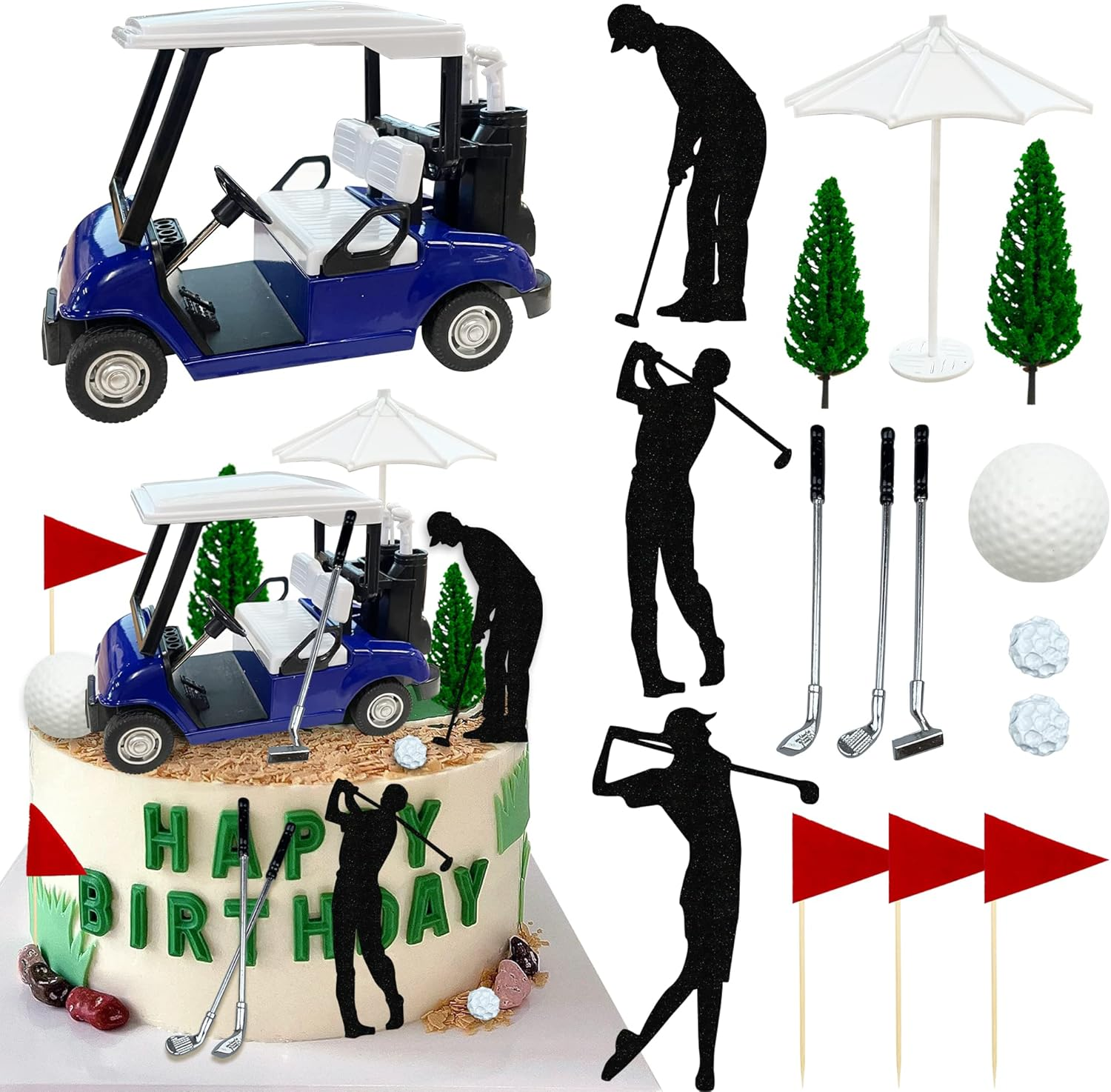 Golf Cake Decorations Golf Cart Cake Toppers Heading for the Green Cake Topper for Golfers with Cart Flag Golf Ball for Golf Theme Party Supplies (Blue)