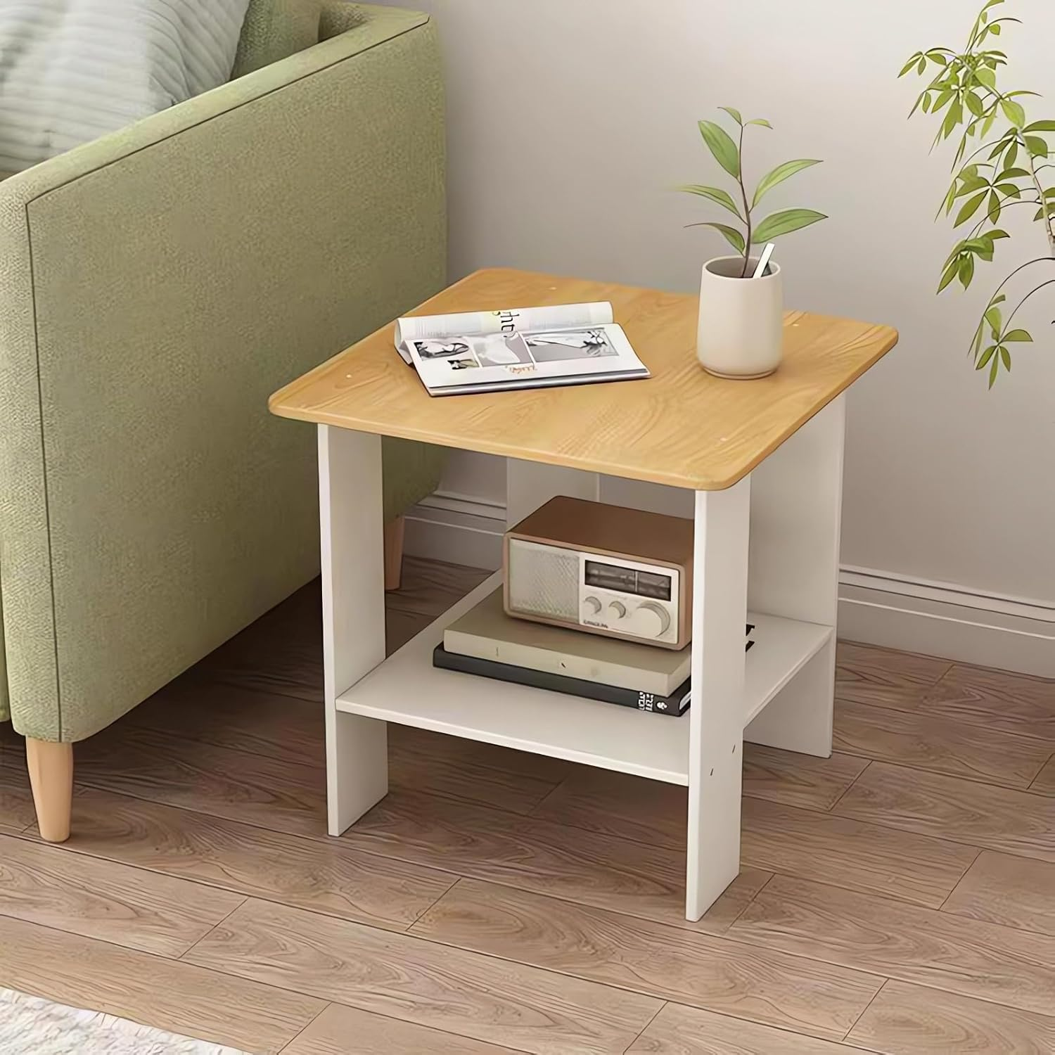 Wooden Side Table with Storage Shelf (White)