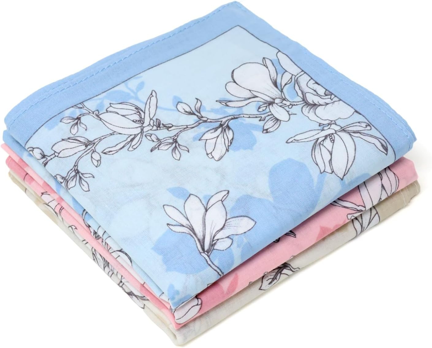 Yueton 3PCS Beautiful Floral Printing Handkerchief Soft Cotton Handkerchief Women Hankies, Three Colors, Three Colors image number 3