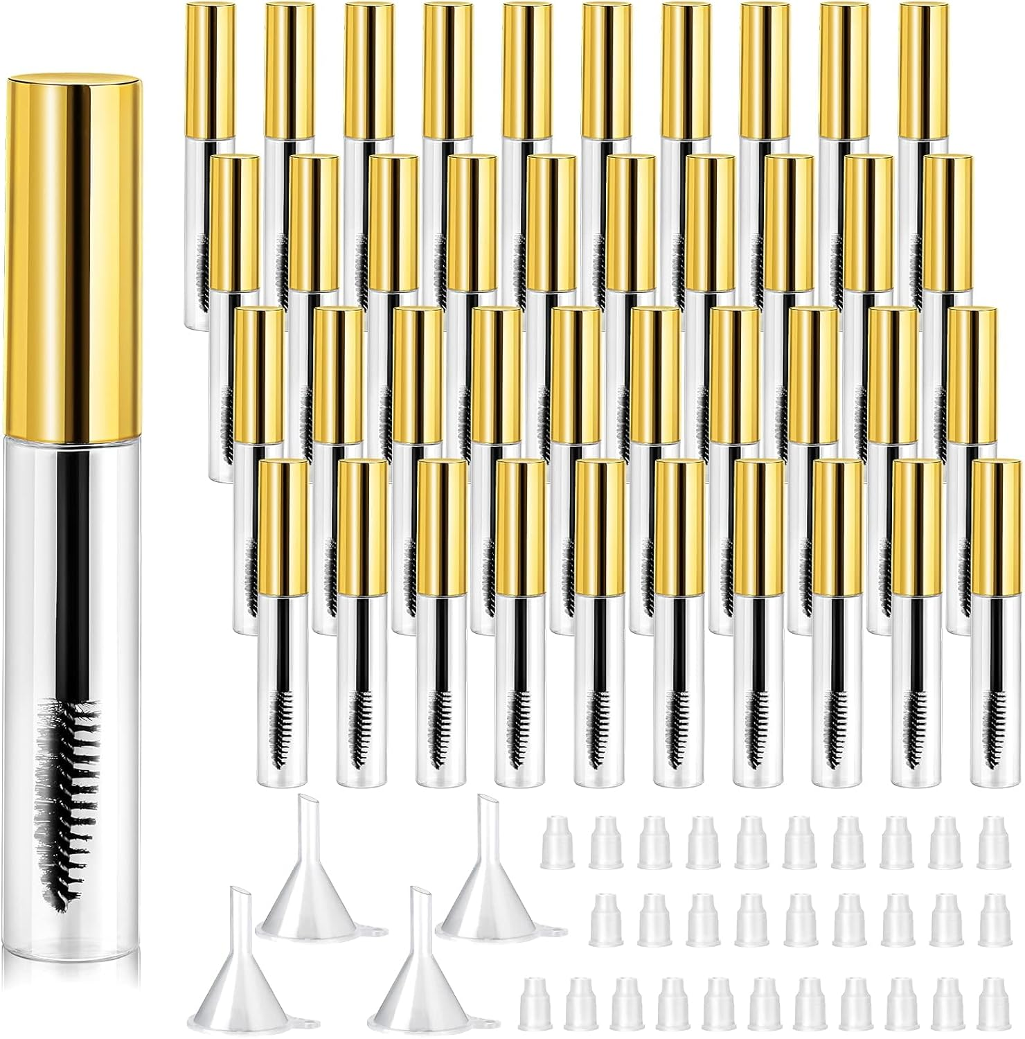 40 Pieces 10 Ml Empty Mascara Tubes Eyelash Wand Refillable Clear Bottles Eyelash Cream Container Bottle with 4 Pieces Transparent Funnels Transferring Castor Oil for DIY Cosmetics (Golden)