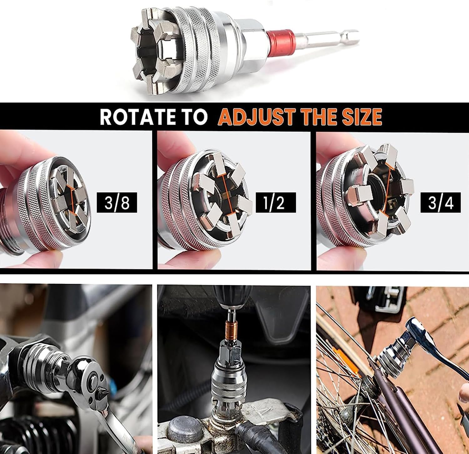 YUENTOEN Adjustable Universal Socket Wrench, Multi-Functional Magic Sleeve Universal Maintenance Tool, 10Mm-19Mm Universal Sockets Tools for 3/8" Drive Ratchet Torque Wrench and Power Drill image number 5