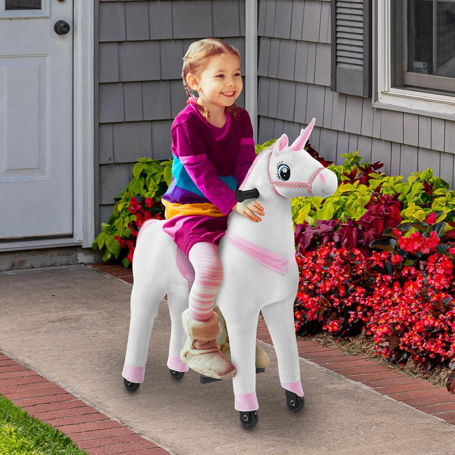 Ride on Horse Unicorn Toy for Kids Riding Pony Rider Mechanical Cycle Walking Action Plush Animal for 4 to 9 Years, No Battery or Electricity,Max Load 165 LBS, Medium Size