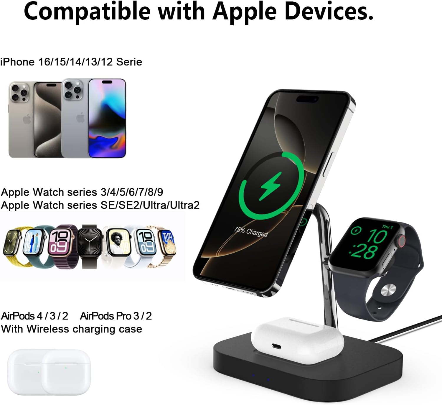 Magnetic Wireless Charger, Boaraino 3 in 1 Wireless Charging Station Compatible with Apple Watch 11/10/9/8/7/6/SE/5/4/3 &Airpods 2/3/4/Pro& Phone17/16/15/14/13/12 Series(No Adapter) image number 6