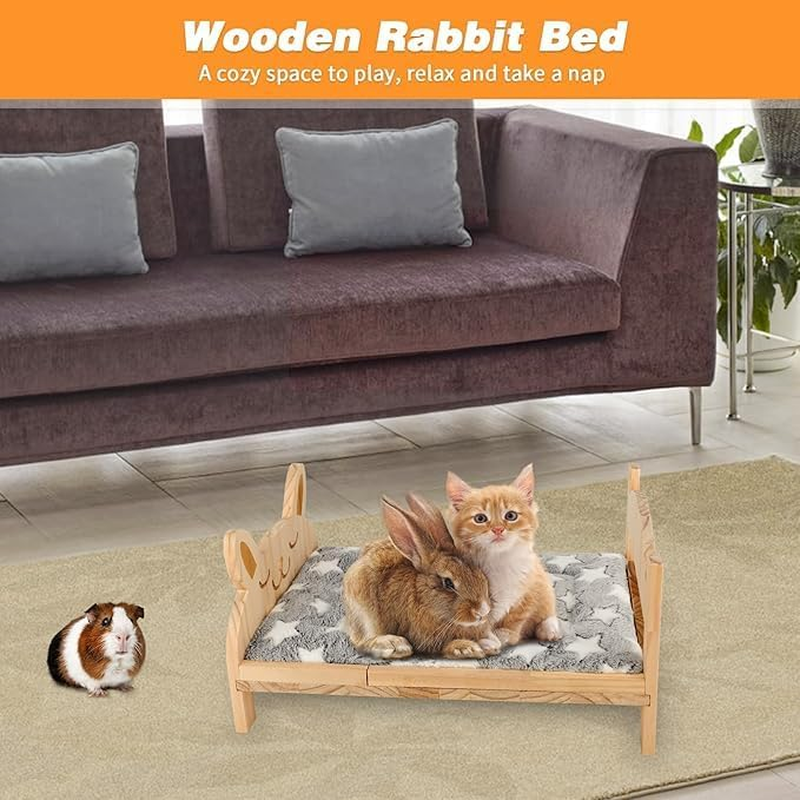 Large Wooden Rabbit Bed with Soft Mat, 2 in 1 Folding Pet Bed for Rabbit Guinea Pig Hamster Ferret Chinchilla Kitten Puppy Sleeping, Detachable Small Animal Bed