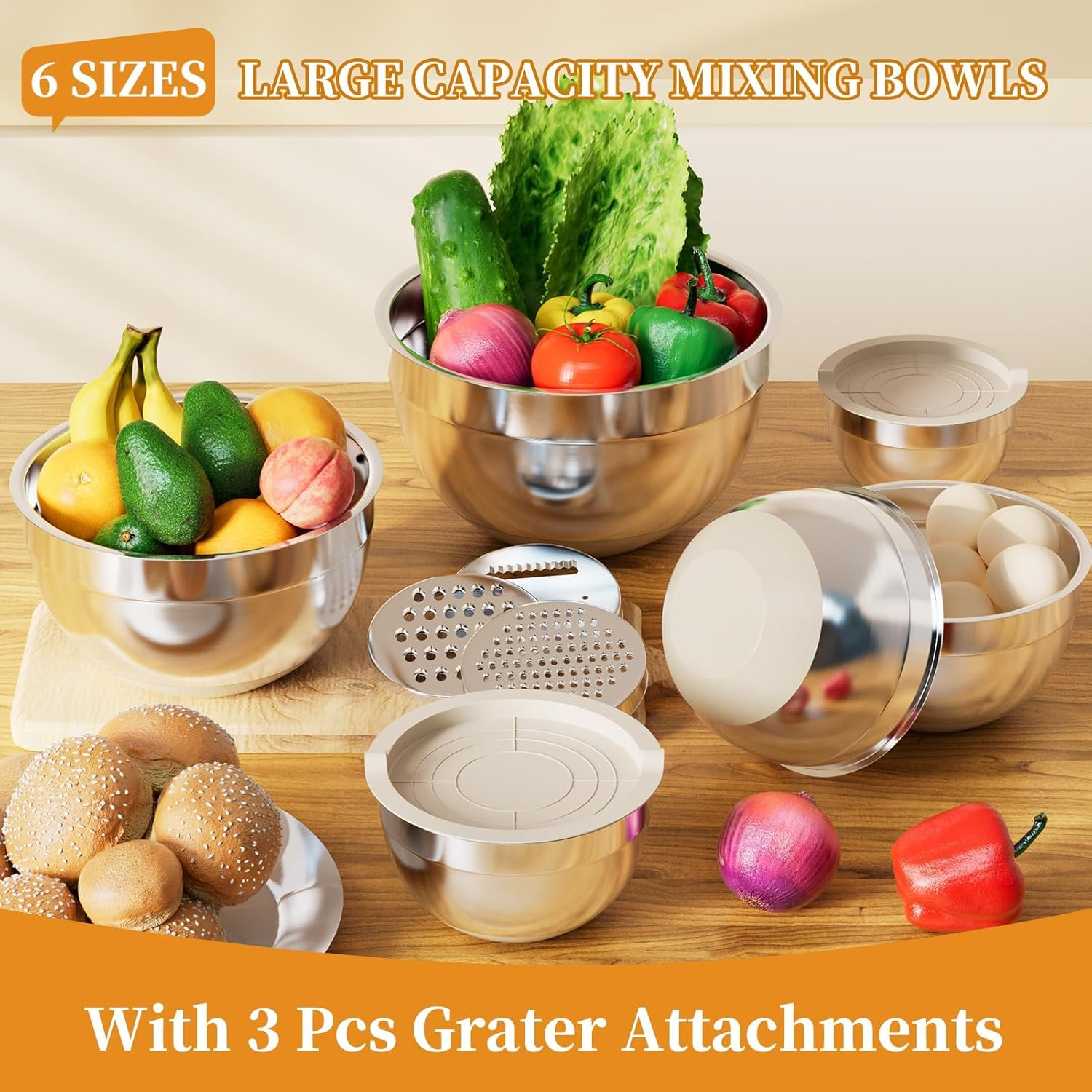 Premium 6-Piece Stainless Steel Mixing Bowls Set with Lids, 1.1-5.5 QT, Non-Slip Base, 3 Grater Attachments, Nesting Design for Kitchen Storage image number 6