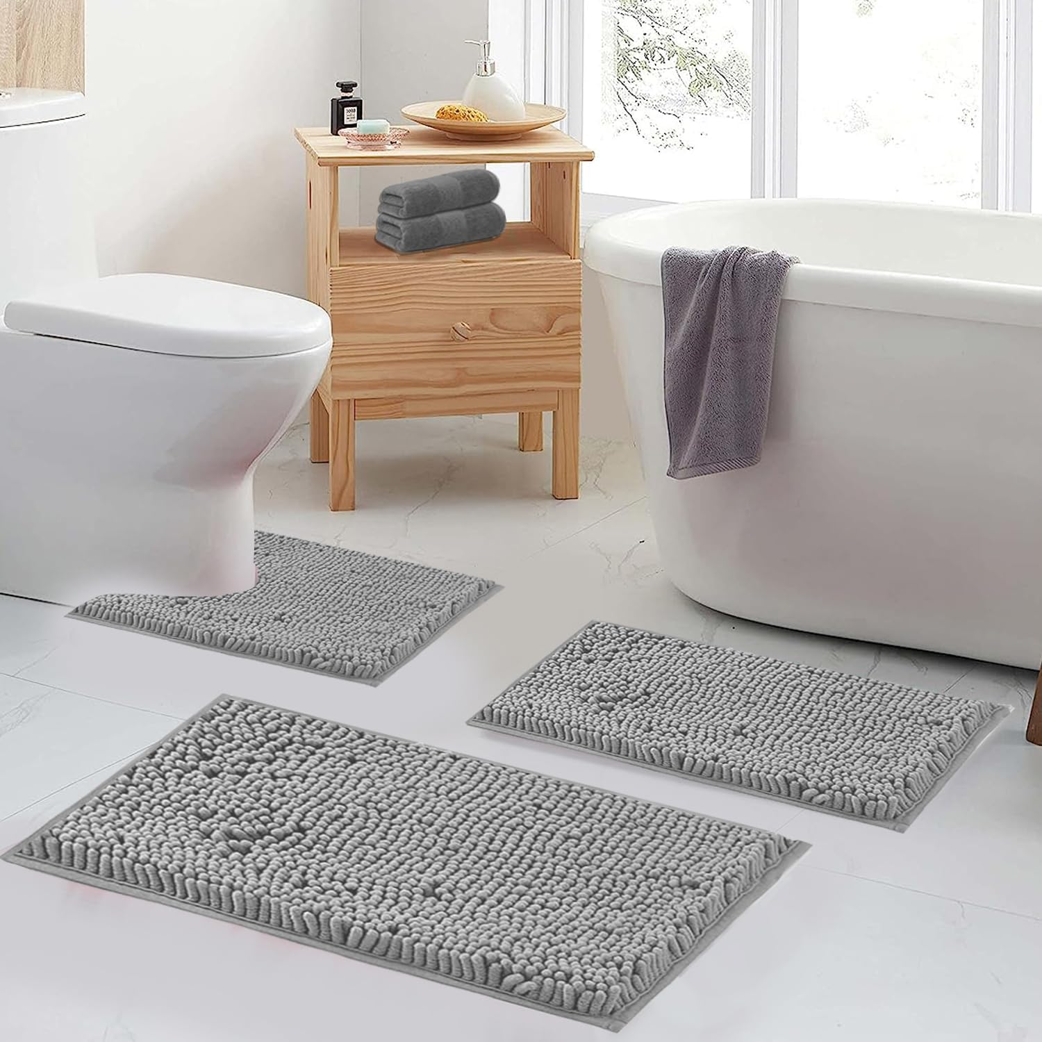 Bathroom Rugs Sets 2 Piece Plush Chenille Bath Rugs Non-Slip Bath Mats Absorbent Shaggy Rugs,Bathtub Mat, Gray Pet Dog Mats,Washable Bathroom Carpet for Tub, Shower, Washroom- 32X20 + 24X16 Inch image number 5