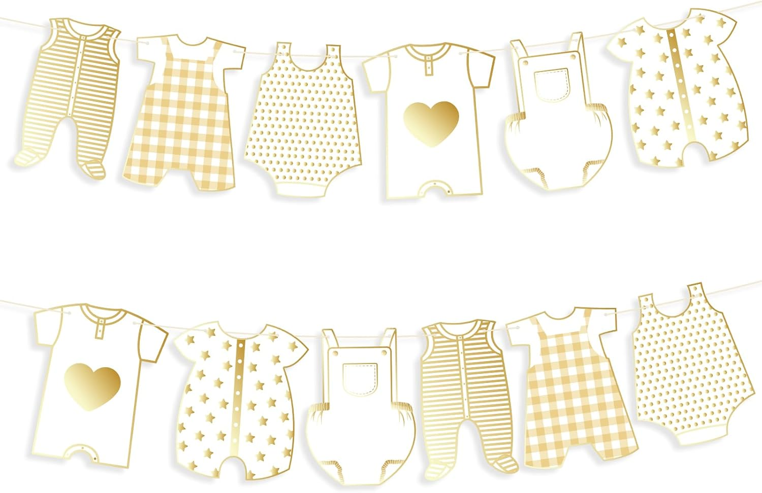 2Pcs Neutral Gold Baby Shower Paper Garland, Pre-Assembled Baby Boy Banner Baby Girl Sign Gender Reveal Decorations Various Baby Clothes Banner for Welcome Newborn Party Supplies Photo Props