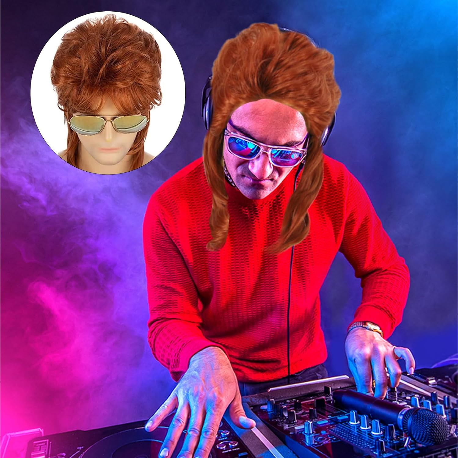 FOUNSHO Red Mullet Wig for Men, Men'S Long Curly Wig, 70S Rocker Fancy Dress Wigs for Adult, Men'S 80S 90S Wigs for Pop Rock Star Costumes Carnival Halloween Party (Red) image number 3