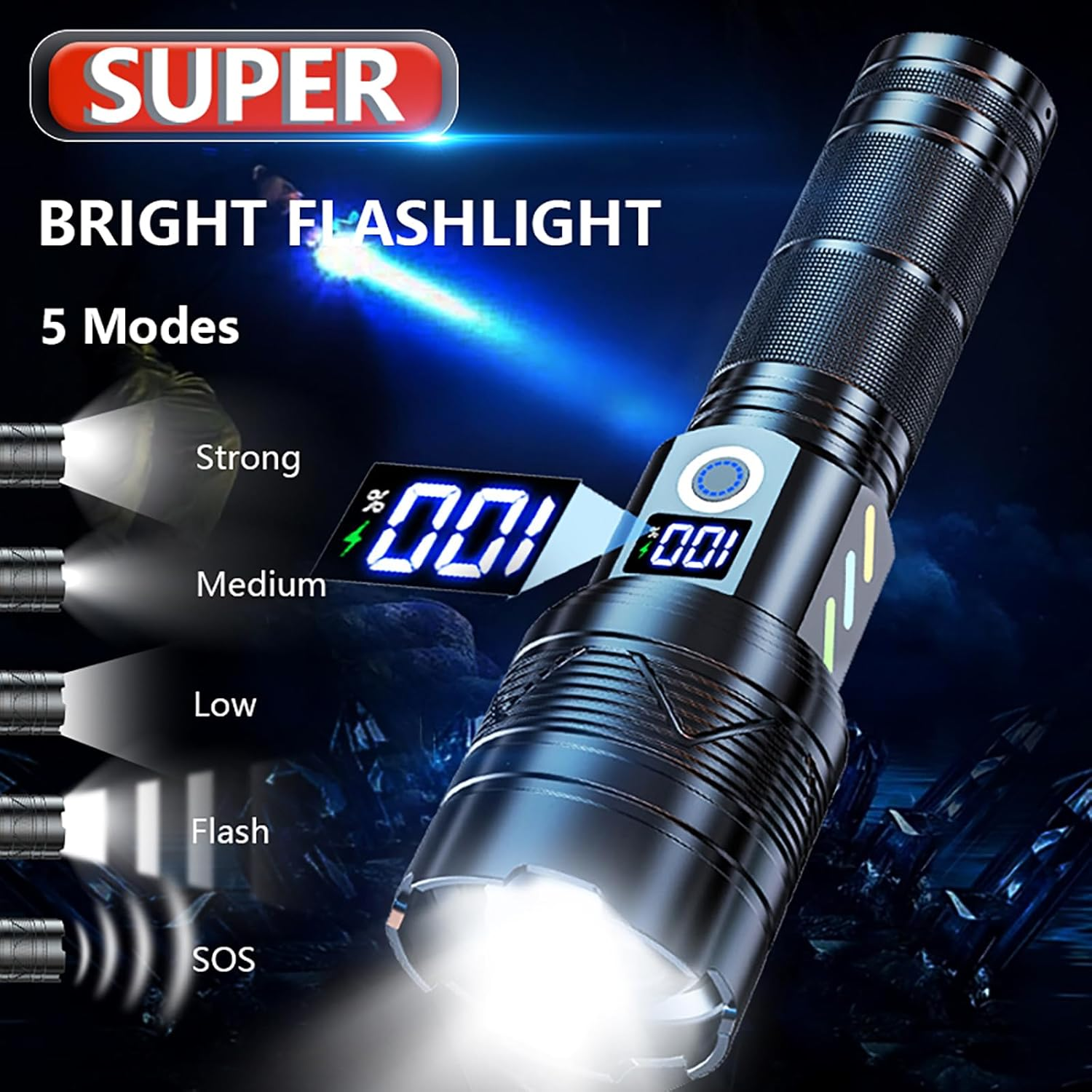 Torch, Tesansi Flashlight LED Torch Fast Charging 18000 Lumen Handheld Torch, Long Range 5000Ft, 5 Lighting Modes IPX7 Waterproof Torches Zoomable Long Shot Flash Light for Emergency Security Camping image number 4