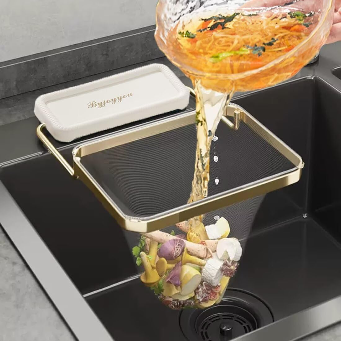 SENIURIS Sink Drain Rack with Strainer, Foldable Food Catcher for Kitchen, Corner Basket Garbage Disposal Strainer Side, with 100Pcs Disposable Mesh Bags. image number 5