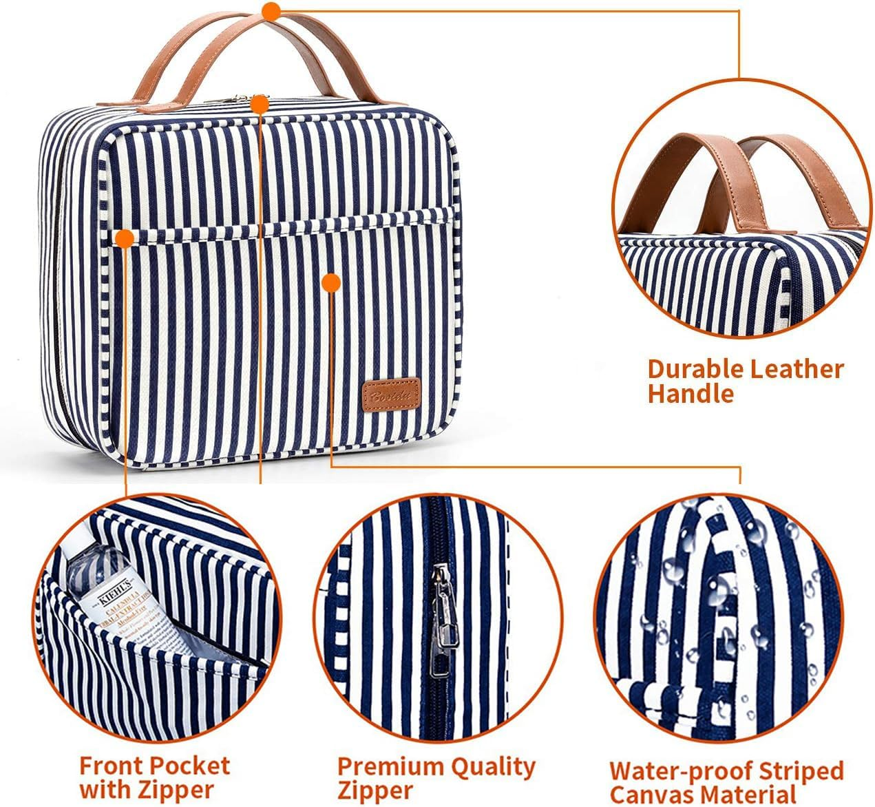 Hanging Toiletry Bag Travel Bag,H HOME-MART Large Capacity Travel Toiletry Cosmetic Bag with Hanging Hook,Foldable Hygiene Bag for Toiletries,Cosmetics (Blue Stripe) image number 6