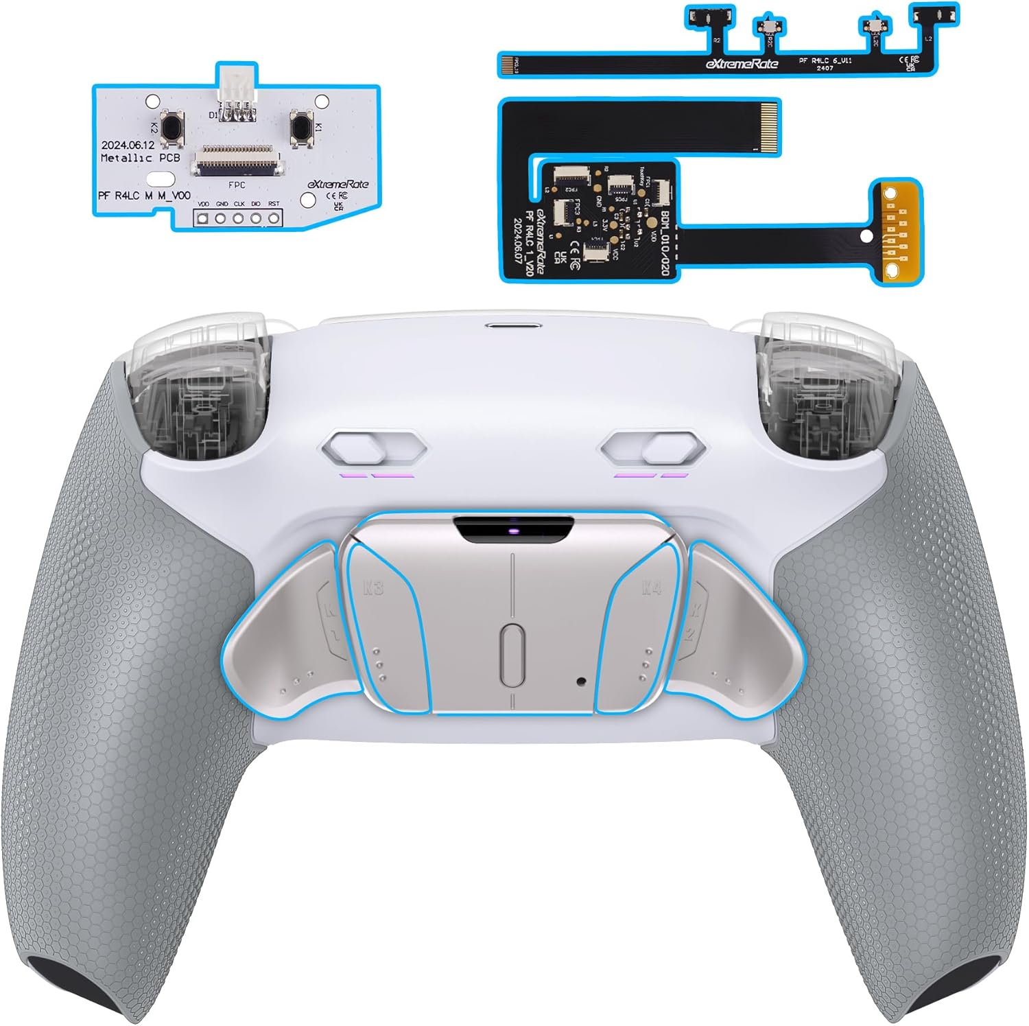 Extremerate RISE4 plus MAX RMB Back Paddles Kit with Clicky Trigger Stops & Rubberized Grip for PS5 Controller BDM-010 020, Remappable Real Metal Back Buttons Kit for PS5 Controller &ndash; White Gray