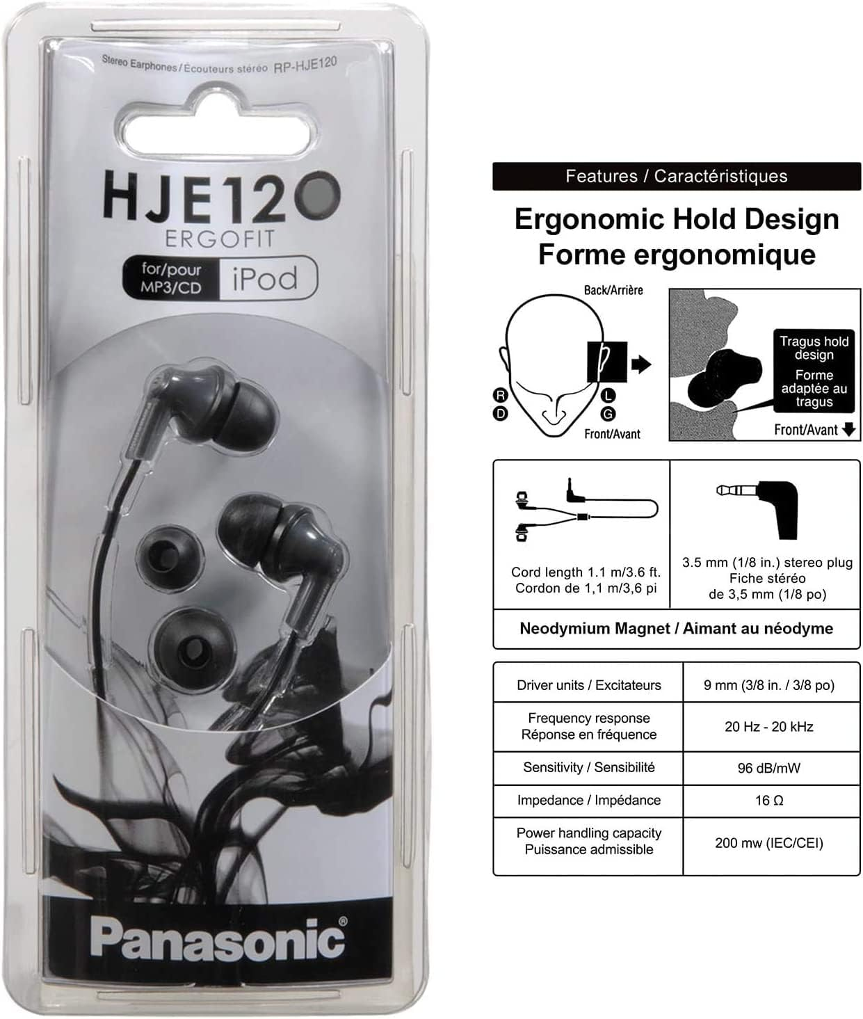 Panasonic Ergofit In-Ear Earbud Headphones with Dynamic Crystal Clear Sound, Black (RP-HJE120PPK) image number 2
