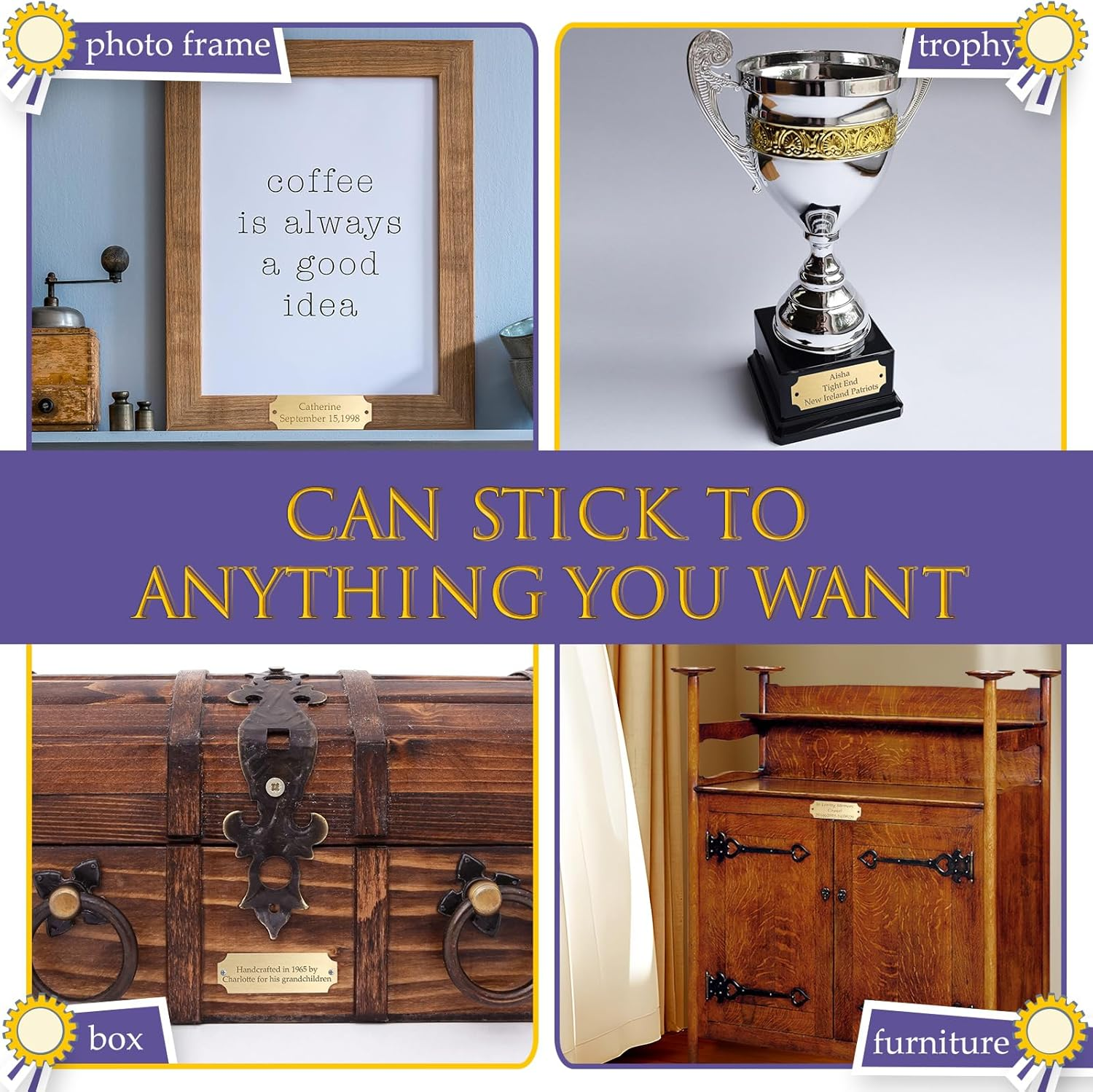 Yaocom 24 Pcs Name Plates Laser Engraved Brushed Solid Metal Plate Personalized Plaque Blank Name Tag with Adhesive Backing and Screws for Diy(Gold,Notched Corner) image number 2