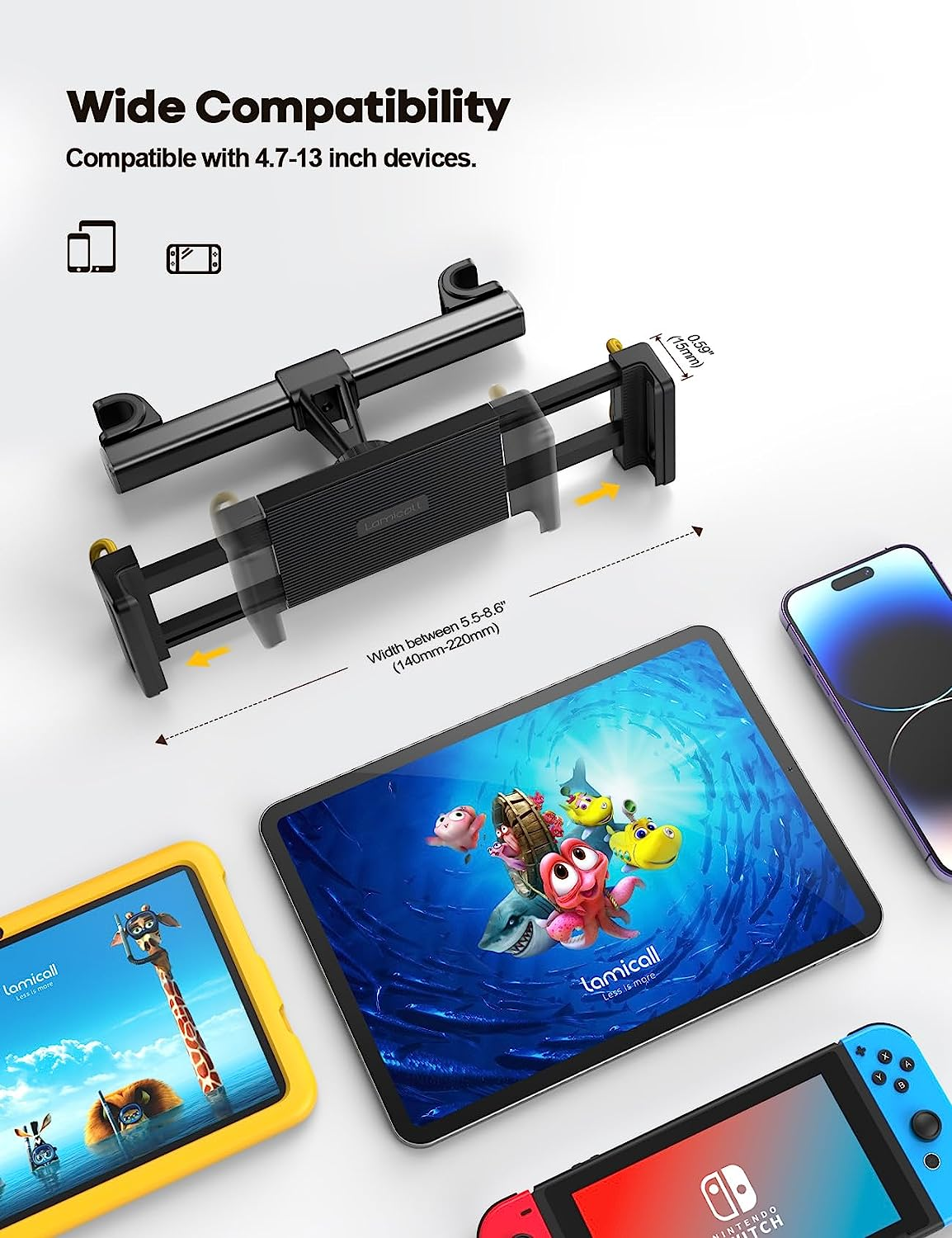 Lamicall Car Tablet Headrest Holder - Car Back Seat Headrest Tablet Mount Stand for Kids, Road Trip Essentials, Compatible with 2024 Ipad Pro 11/13", Air Mini, Galaxy Tab, 4.7-13" Devices, Black image number 1