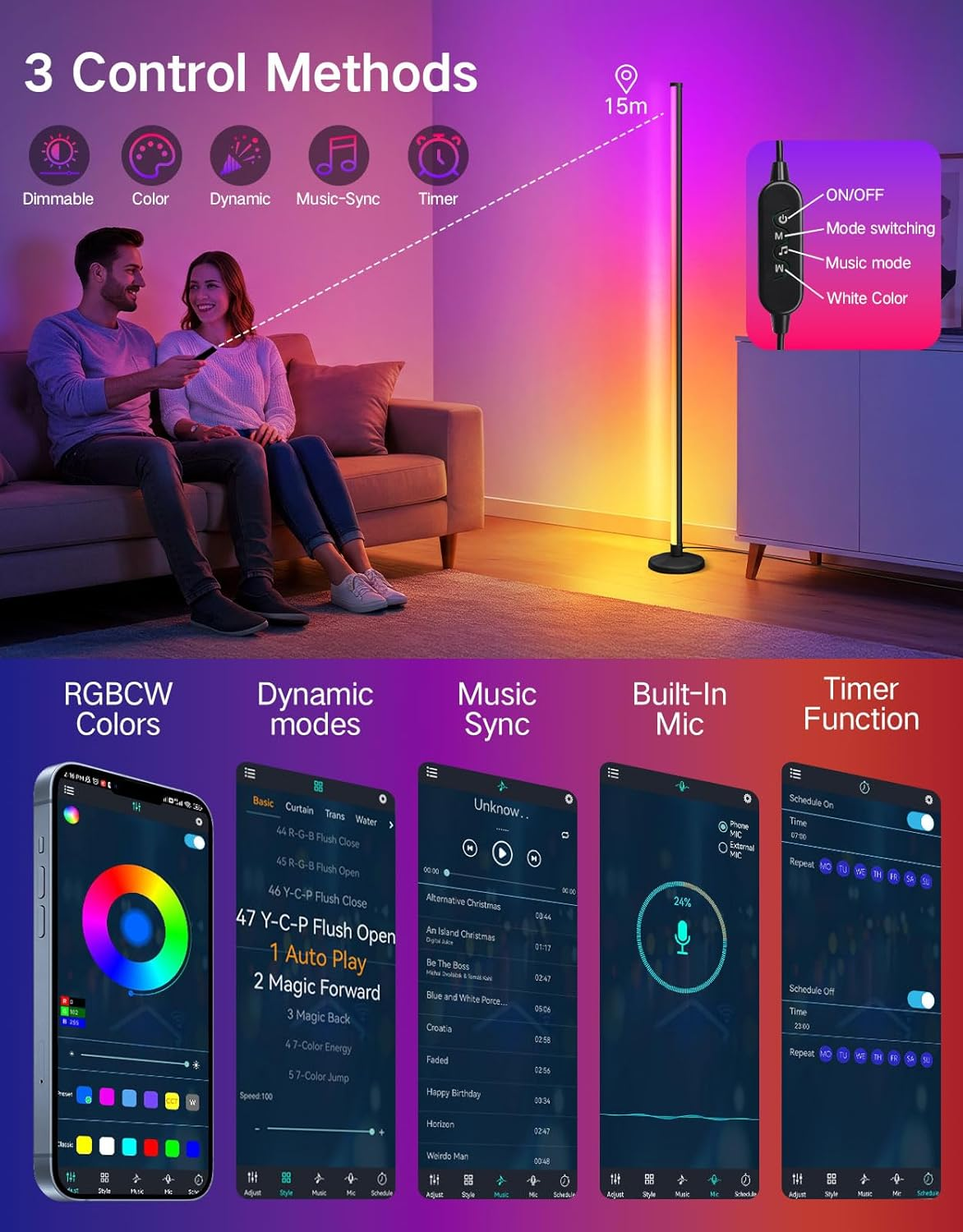 OUTON LED Smart RGBCW Corner Floor Lamp with APP and Remote Control, Dimmable Floor Lamps with 16 Million Colours, Music-Sync, Timer, Height Adjustable for Living Room Bedroom Gaming Room, 1Pack image number 5