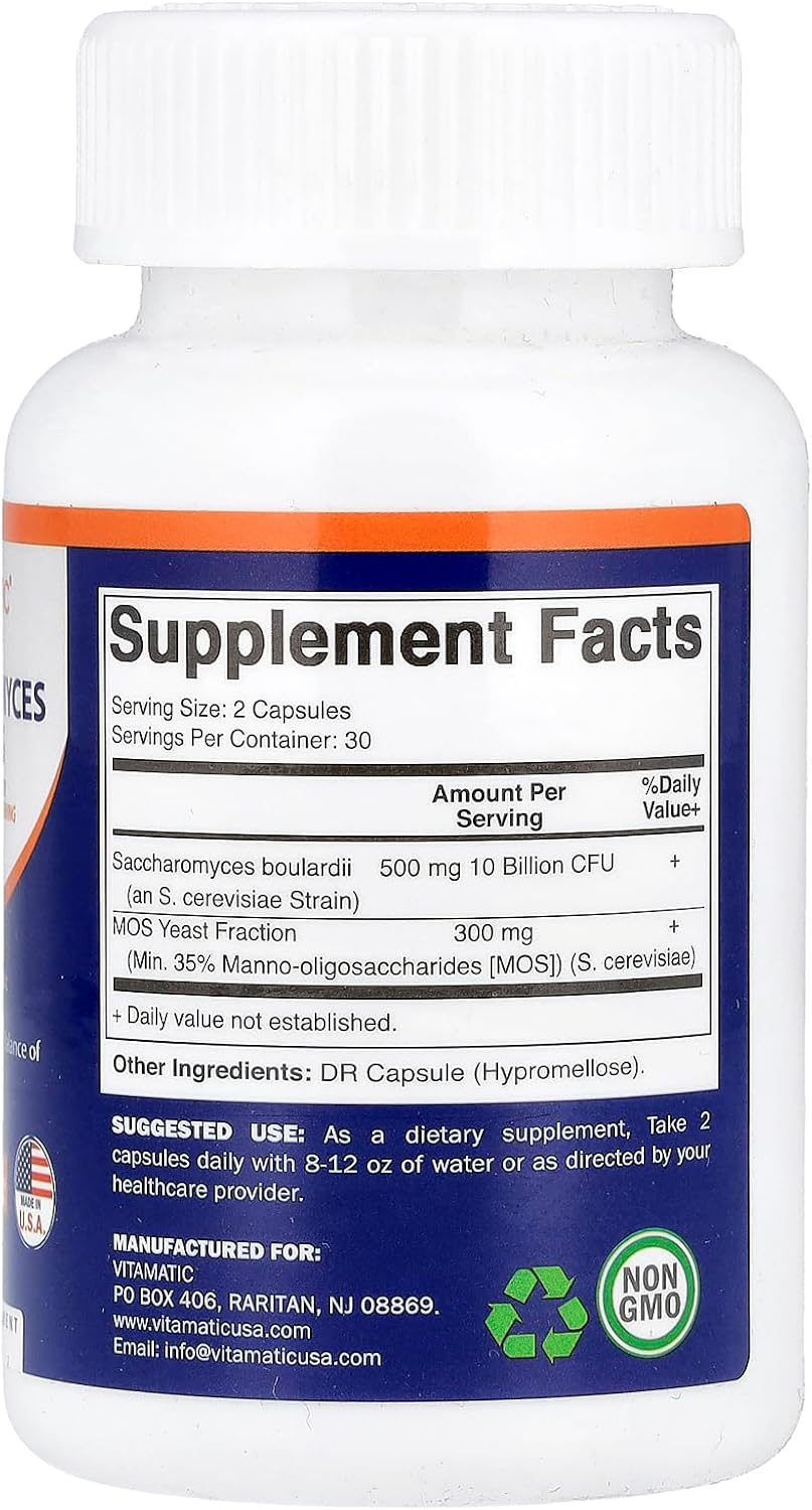 Vitamatic Saccharomyces Boulardii Probiotic, 10 Billion per Serving, Yeast Extract (MOS Yeast Fraction) 300Mg, 60 Capsules, Made in USA