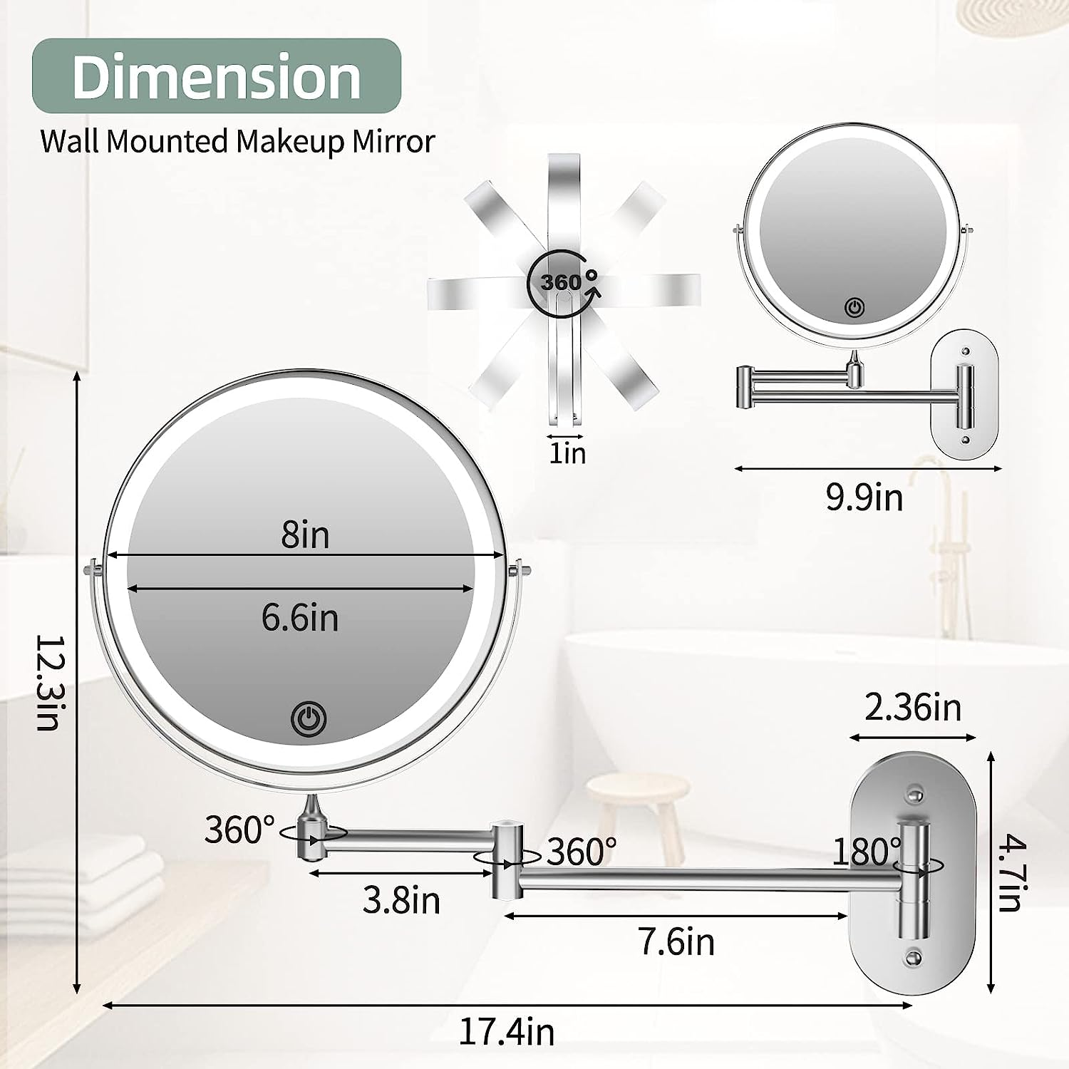 Rechargeable Wall Mounted Lighted Makeup Vanity Mirror 8 Inch 1X/10X Magnifying Bathroom Mirror with 3 Color Lights, Double Sided with Dimmable LED Lights, Extended Arm 360&deg; Swivel Extension Mirror - Siliver With 7X Magnification image number 4