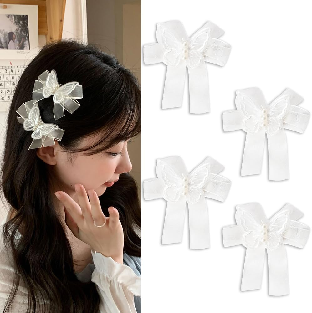 Small Butterfly Hair Clips for Women Girls - Mini Lace Bow Set White Tulle Hair Accessories - Flower Girl Hair Clips for Wedding - Decorative Pearl Bow Barrette 4 Pack image number 1
