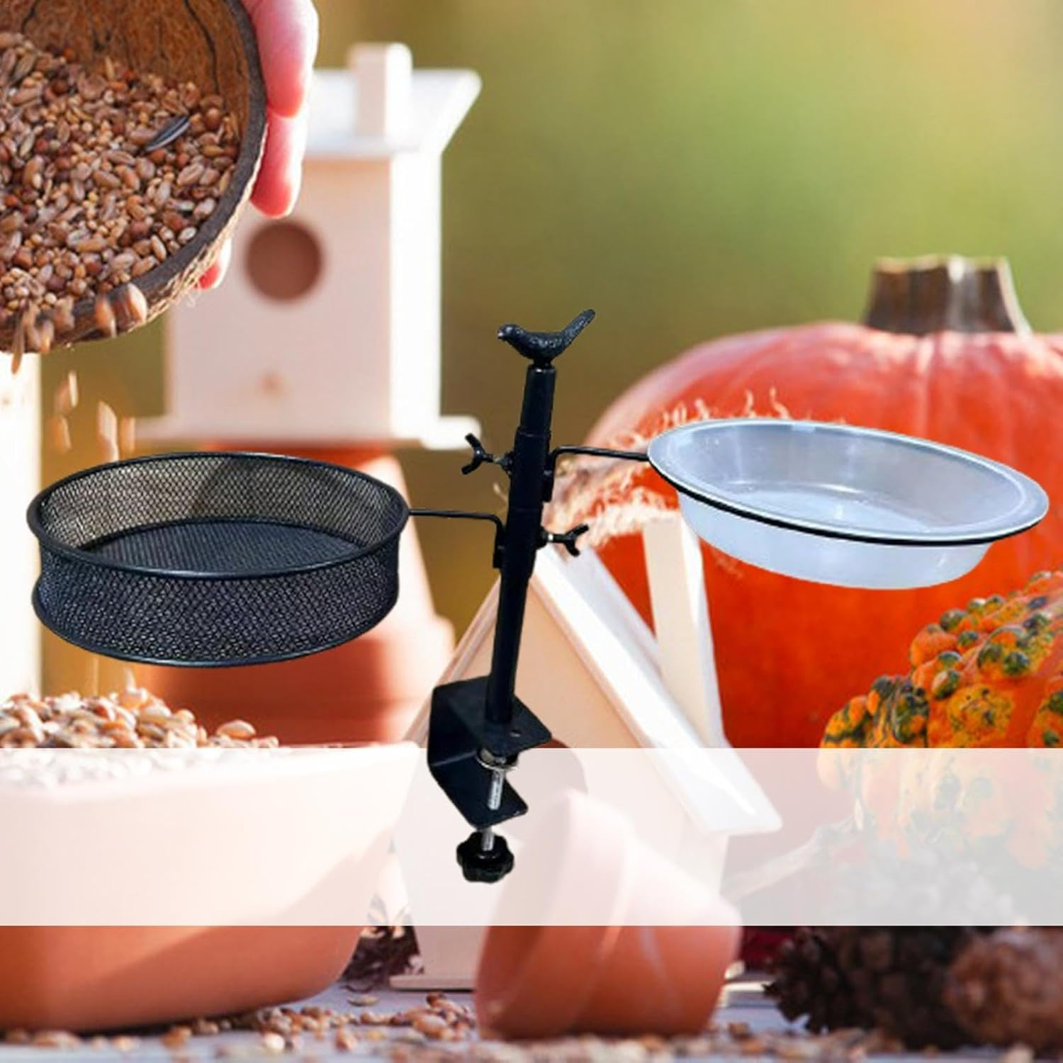 Kezvmhy Deck Handrail Bird Feeder, Deck Bird Feeder, Adjustable Deck Mounted Bird Water Bowl - Bird Feeding Field, Flowerpot Stand, 360 Degree Rotatable Attracting Birds image number 5