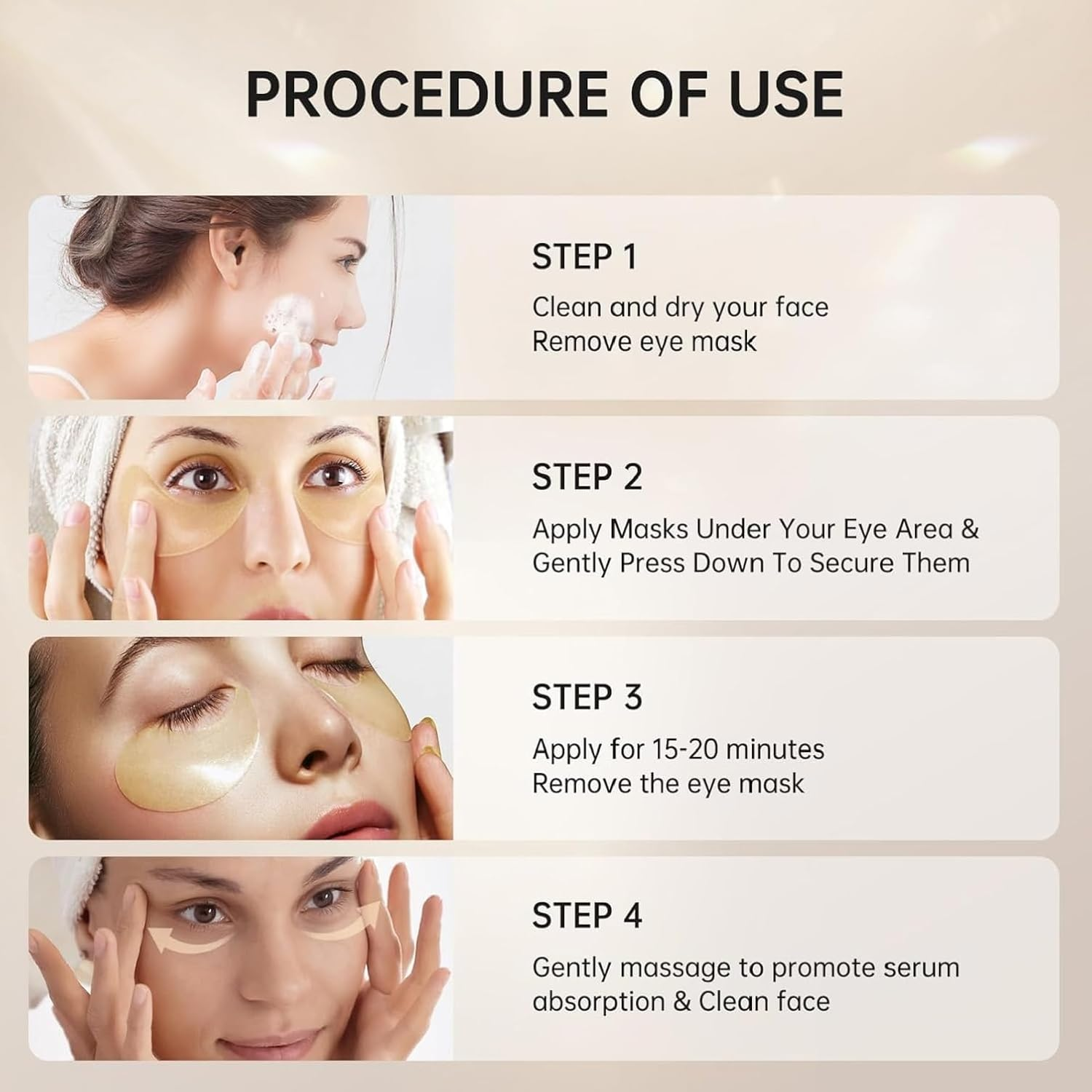 60Pieces Collagen Eye Masks, 24K GOLD under Eye Patches, Dark Circles and Wrinkles, Anti-Aging, Gel Pads for Puffiness and Bags, Immune System Support for Eyes, with Hyaluronic Acid, Deep Moisturizing - Gold image number 4