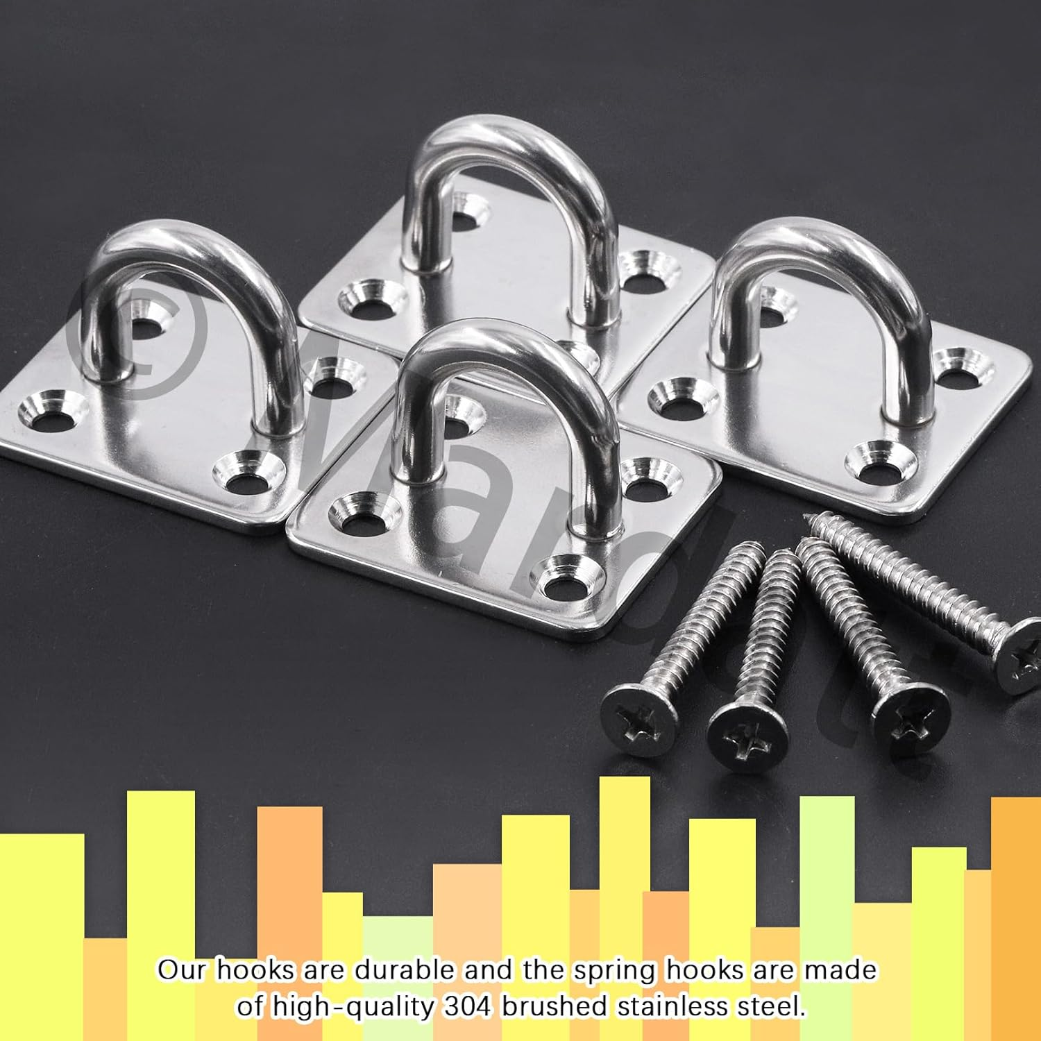 Mardatt 8Pcs M6 Premium Square Pad Eye Hooks, 304 Stainless Steel Pad Eye Plate U Hooks Snap Hook, Marine Hardware Staple Hook Loop Swivel Hooks Wall-Mounted with Screws for Outdoor Indoor Activity image number 6