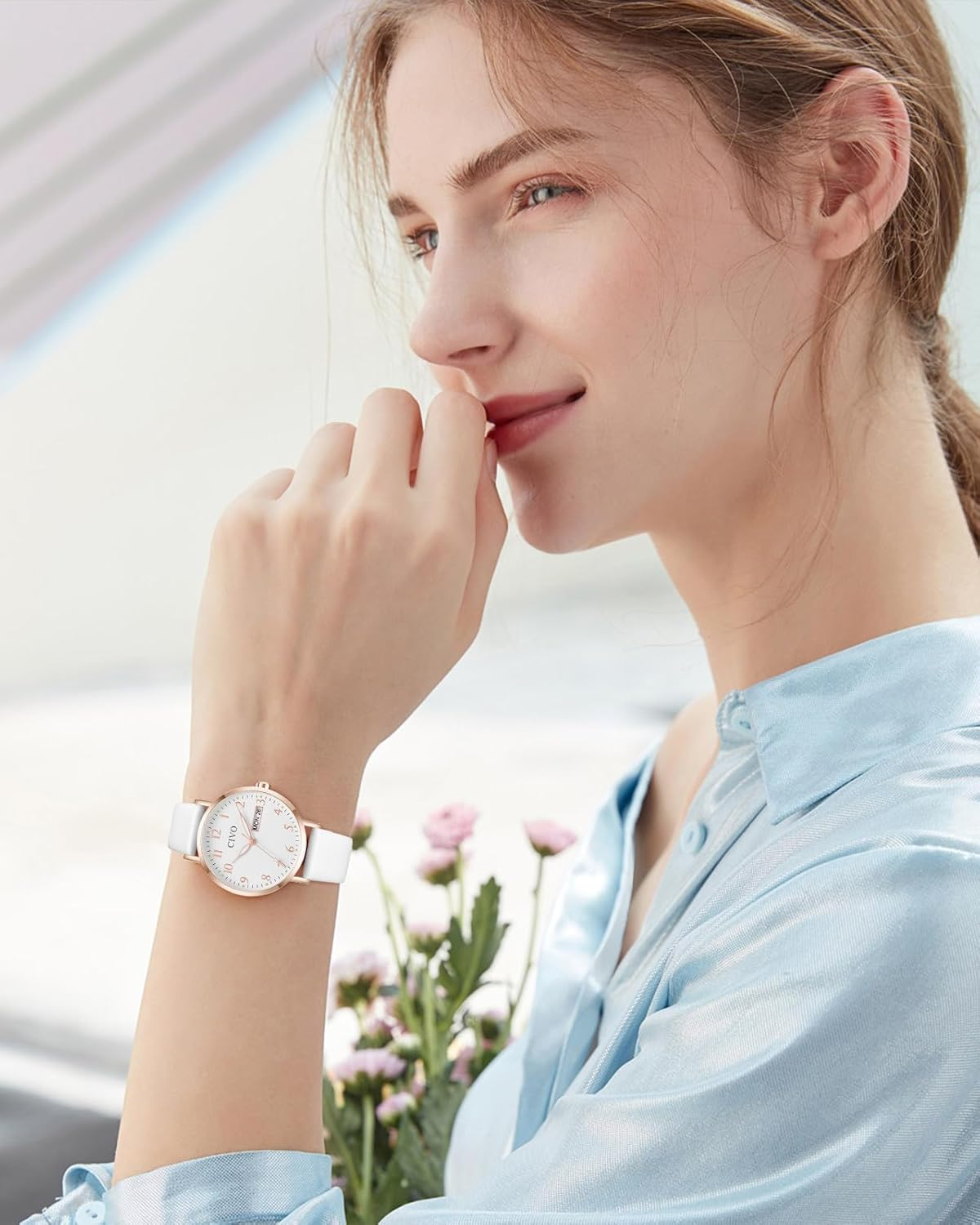 CIVO Ladies Watches for Women Leather Strap Analog Easy to Read Large Face Date Wrist Watch Waterproof Fashion Simple Elegant Quartz Watch - A White image number 3