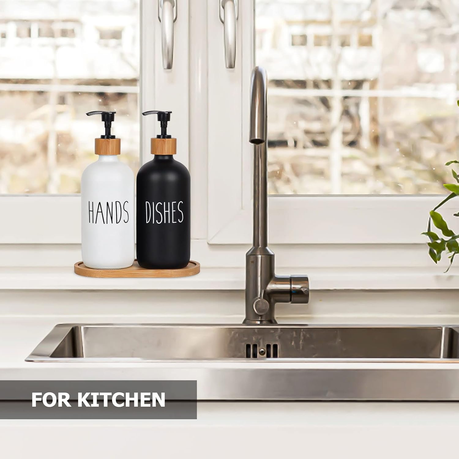 Soap Dispenser Glass 2-Set, 500Ml Shampoo Lotion Hand Soap Dispenser for Kitchen Worktop, Contains Wooden Tray and Pump Conditioner Dispenser- White+Black image number 3