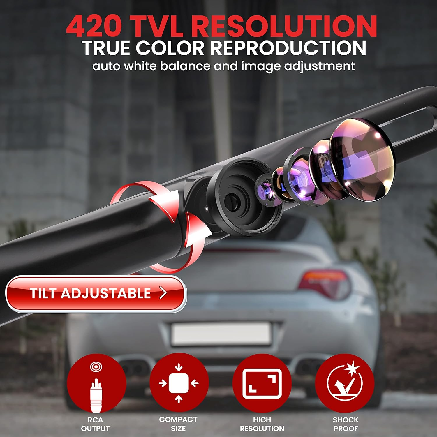 Pyle PLCM18BC License Plate Mount Rear View Backup Parking Reverse Camera, Built-In Distance Scale Lines, Night Vision Waterproof Cam, Zinc Black Chrome