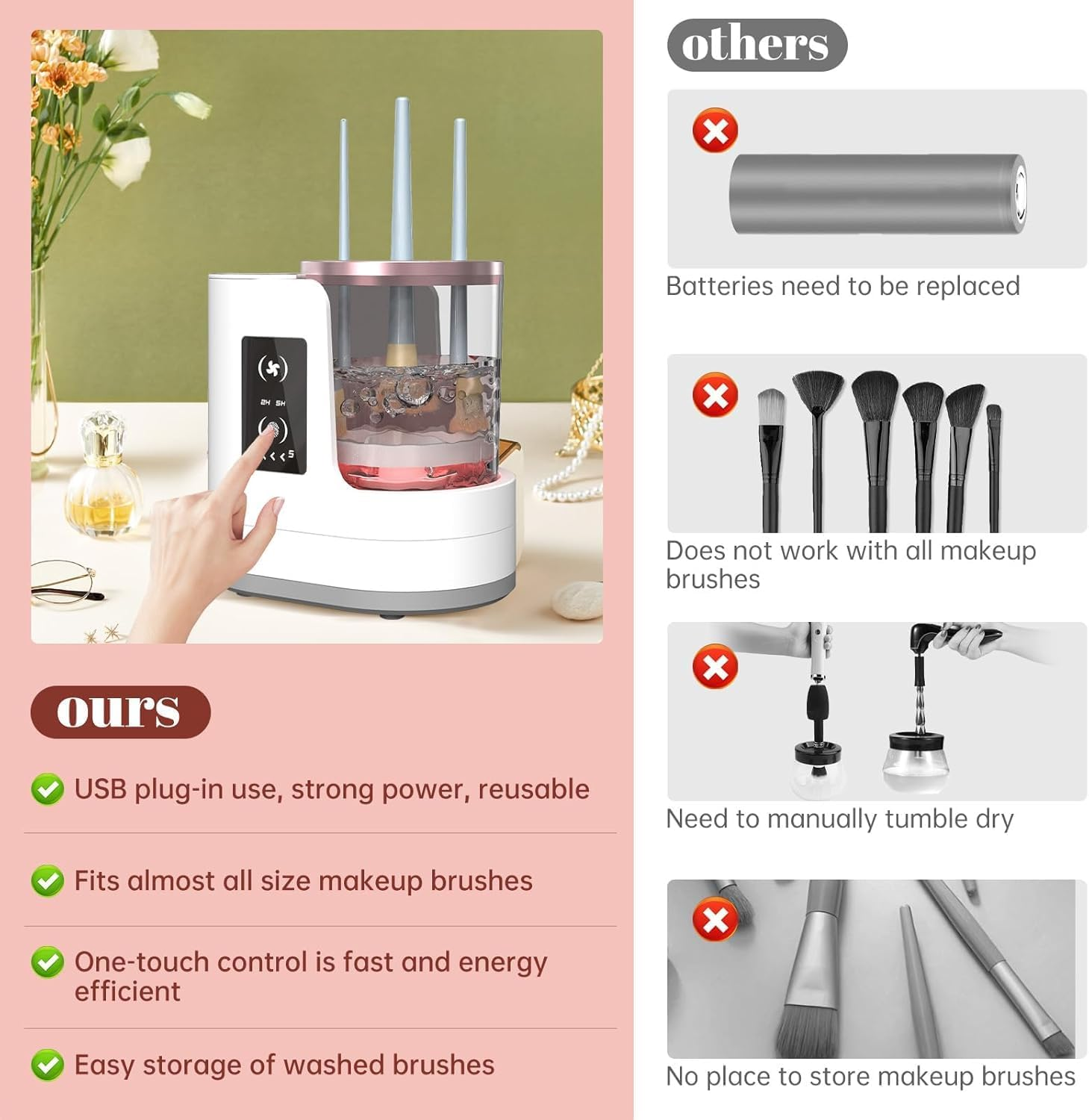 3 in 1 Electric Makeup Brush Cleaner Machine with Makeup Brush Dryer-Holder-Portable Automatic USB Cosmetic Brushes Cleaner Tool for All Size Beauty Makeup Brush Set,Contour, Eyeshadow, Blush Brush image number 2
