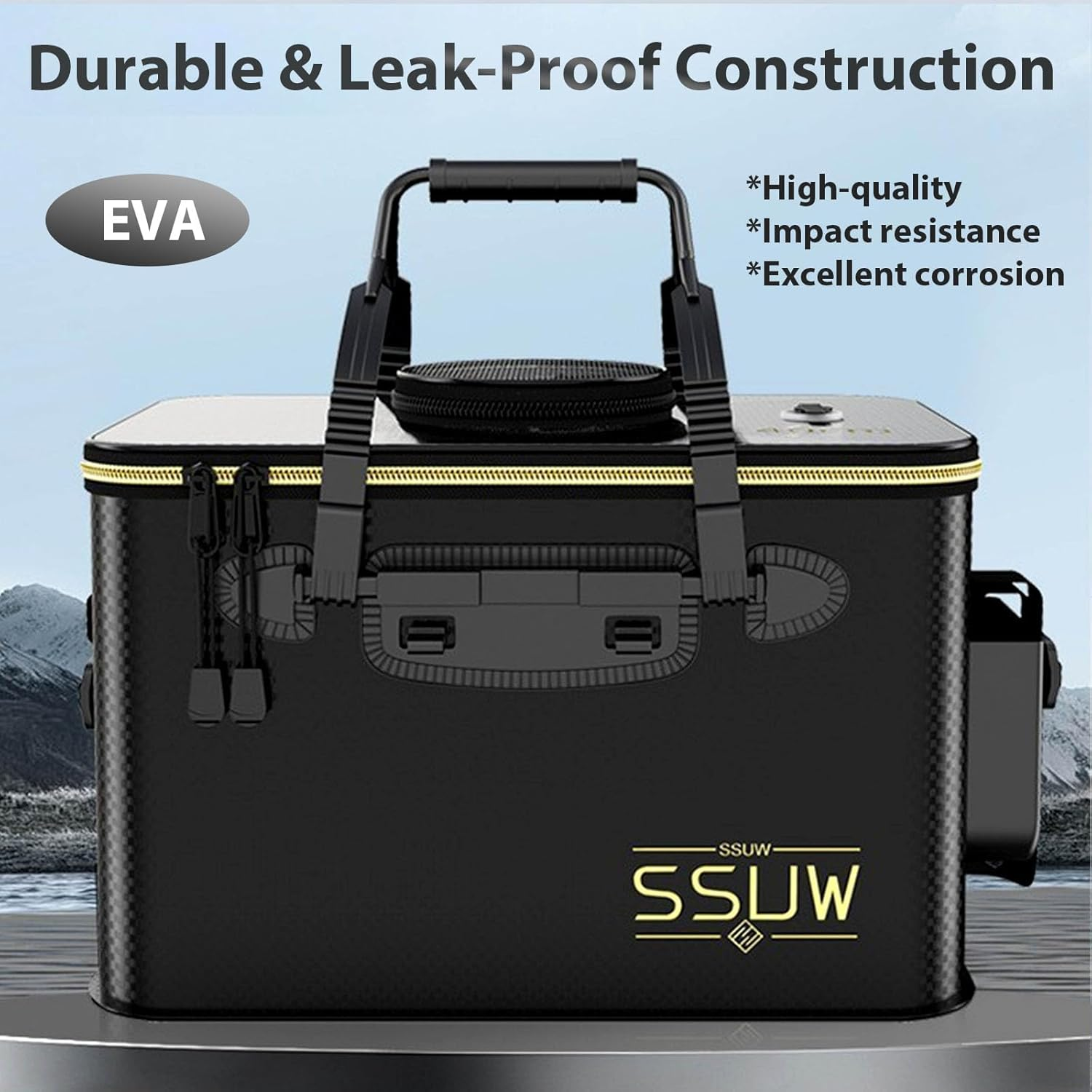 Reelfin Large Floating Fishing Basket Collapsible Multi-Functional Fish Live Lures Bucket Portable Net Quick-Drying Rubber Coated Bait Storage Cage for Minnows, Shrimp, Freshwater (Black Large) image number 1