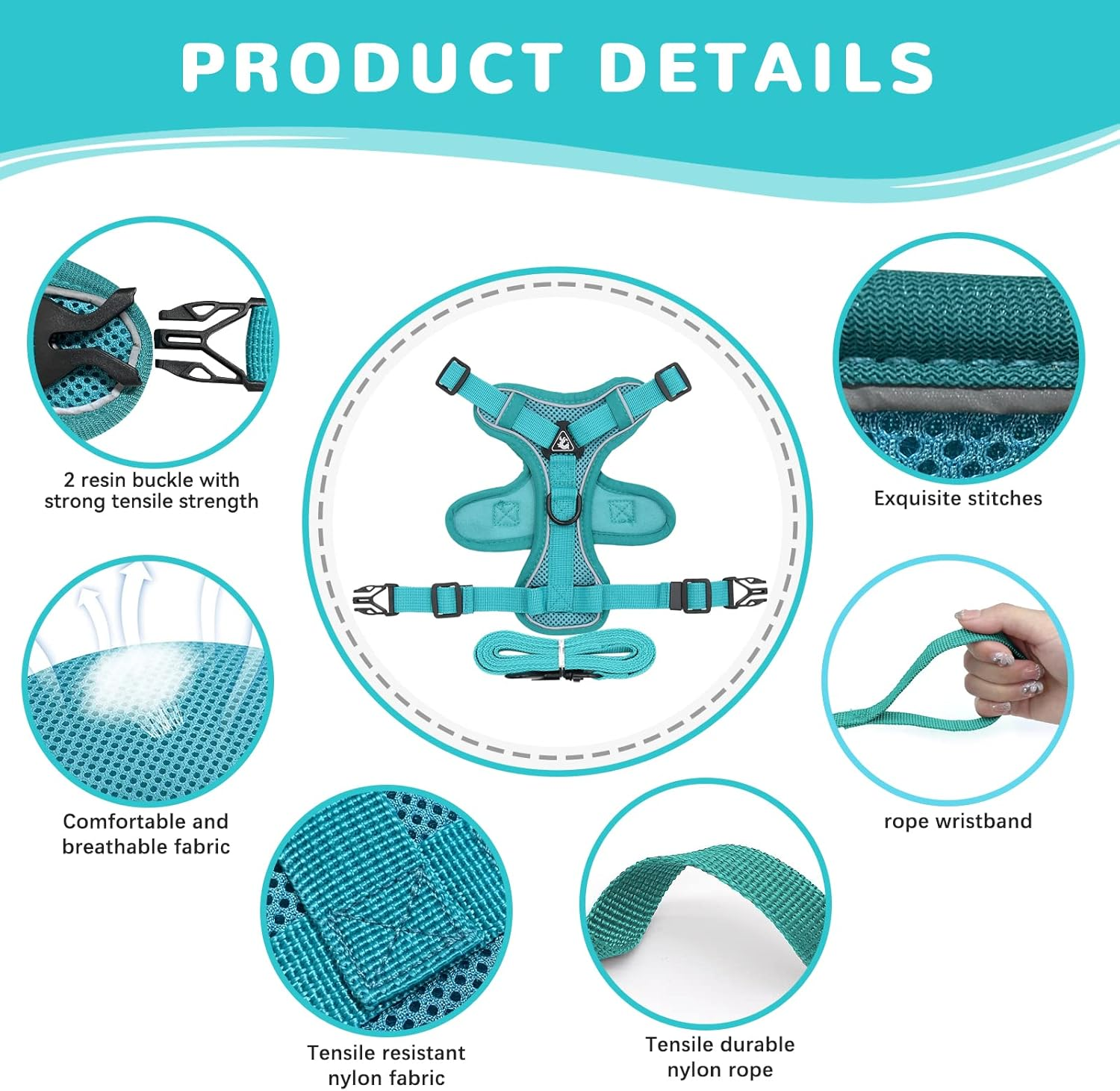 Cat Harness and Lead Set, Adjustable Kitten Harness and Lead Set with Reflective Strips Escape-Proof, Cat Vest Harness with Leash Sets for Cats Dogs Pets Walking (Lake Blue, S) image number 3