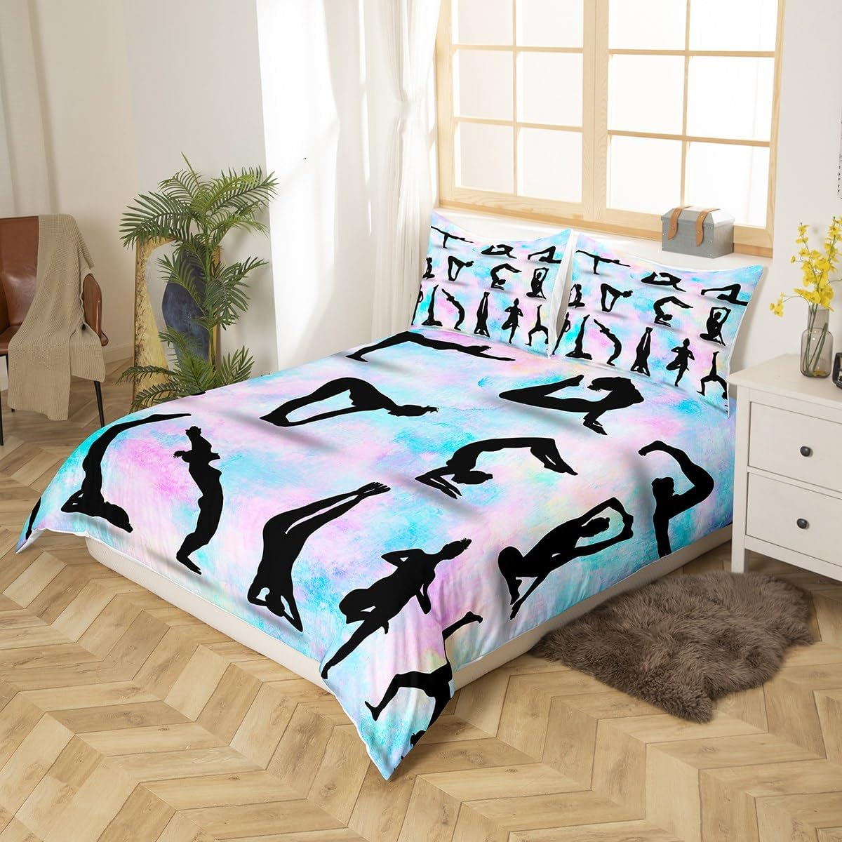 Gymnastic Silhouette Duvet Cover Set S Size, Yoga Dance Lovers Bedding Set Children Girls Women Room Decor, Rainbow Watercolour Comforter Cover Gymnastics Sports Quilt Cover, 1 Pillowcase image number 5
