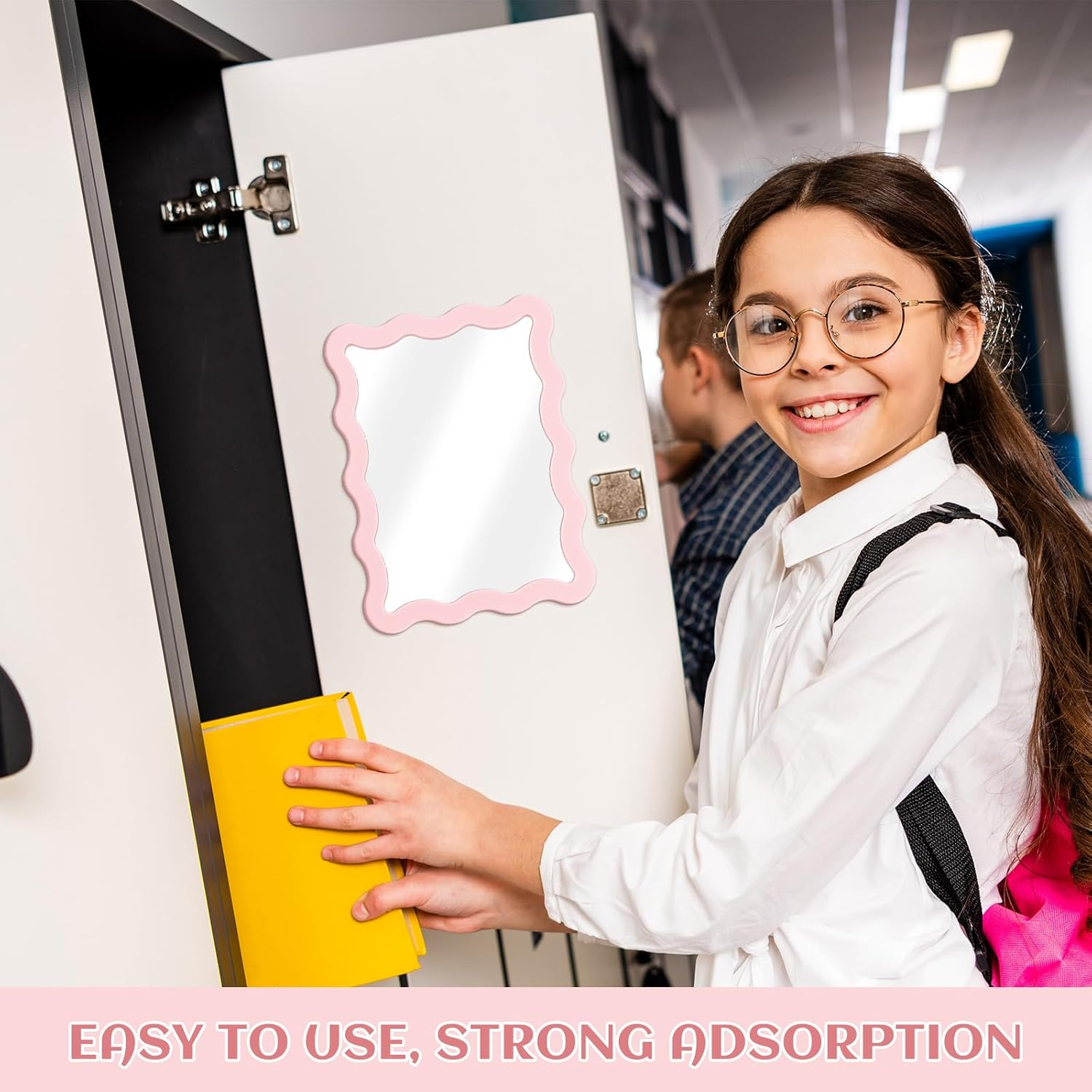 Leinuosen Scalloped Magnetic Locker Mirror 5''X7'' Small Real Glass Makeup Mirror with Magnetic Backing Cute Locker Decorations for Office Cabinet Lockers Accessories(Light Pink) - Blue image number 5